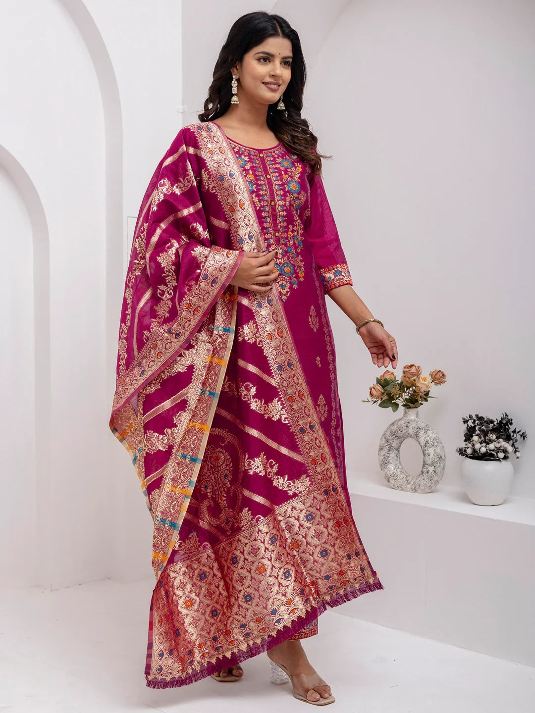 Amazing Purple Hand Work Jacquard Silk Traditional Pant Suit With Dupatta - Zeel Clothing