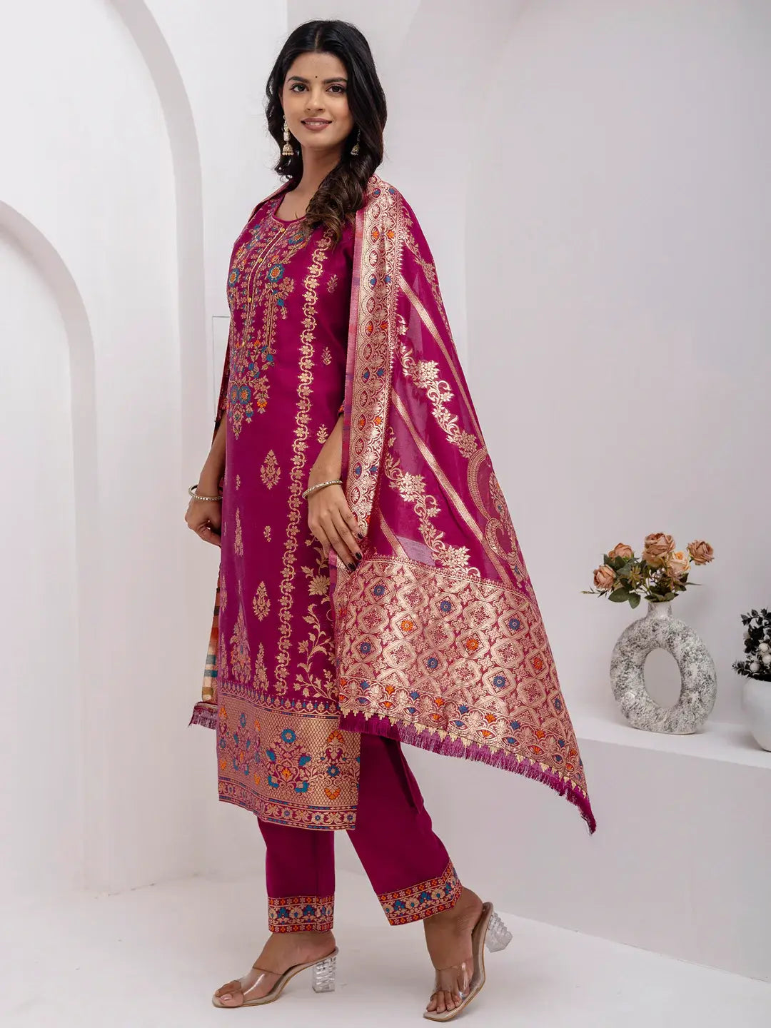 Amazing Purple Hand Work Jacquard Silk Traditional Pant Suit With Dupatta - Zeel Clothing