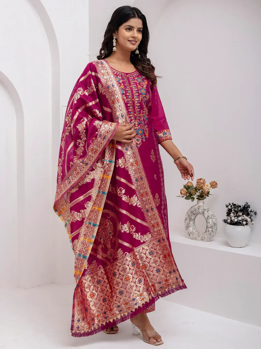 Amazing Purple Hand Work Jacquard Silk Traditional Pant Suit With Dupatta - Zeel Clothing