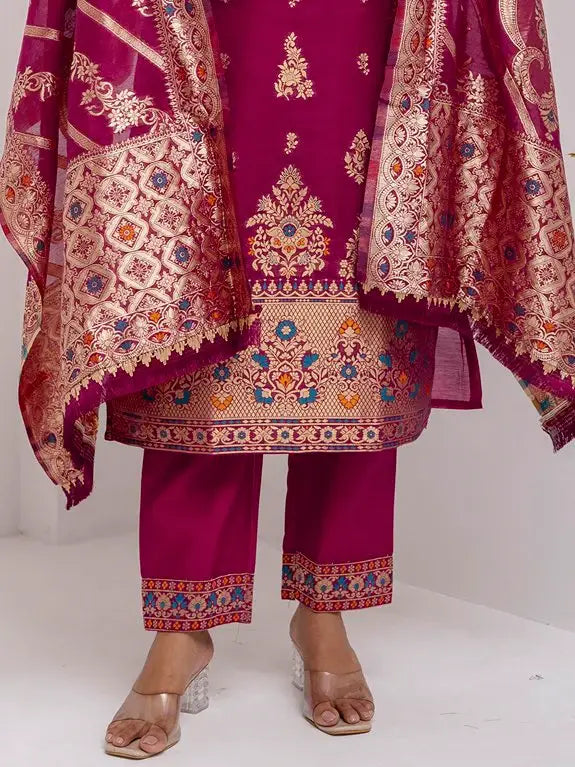 Amazing Purple Hand Work Jacquard Silk Traditional Pant Suit With Dupatta - Zeel Clothing