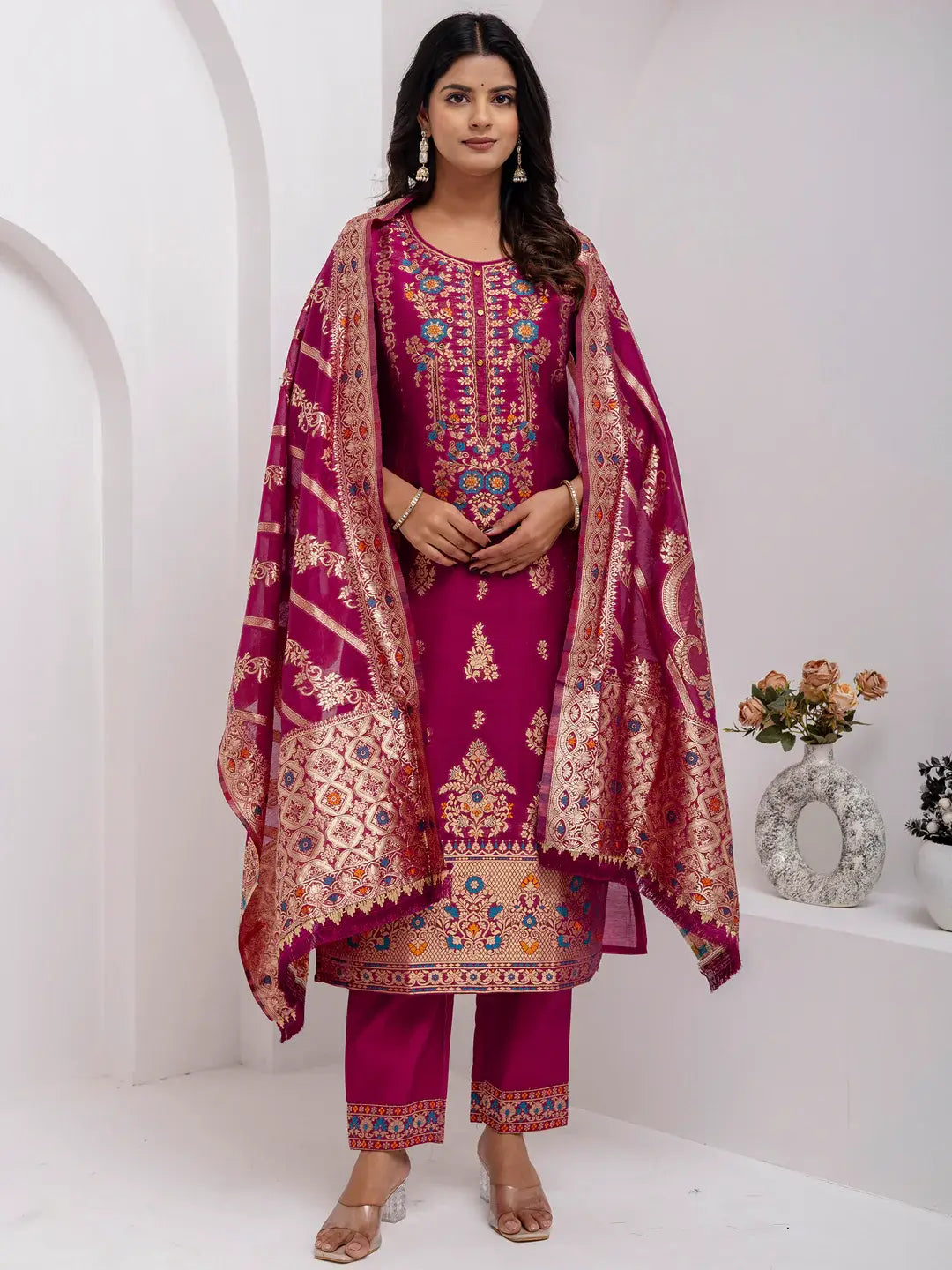 Amazing Purple Hand Work Jacquard Silk Traditional Pant Suit With Dupatta - Zeel Clothing