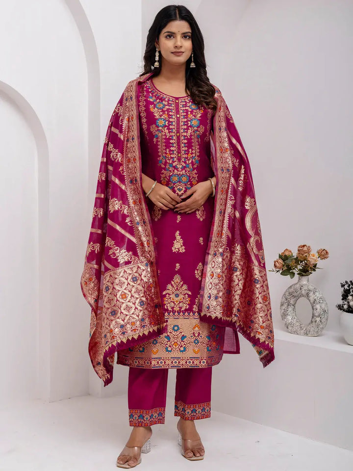 Amazing Purple Hand Work Jacquard Silk Traditional Pant Suit With Dupatta - Zeel Clothing