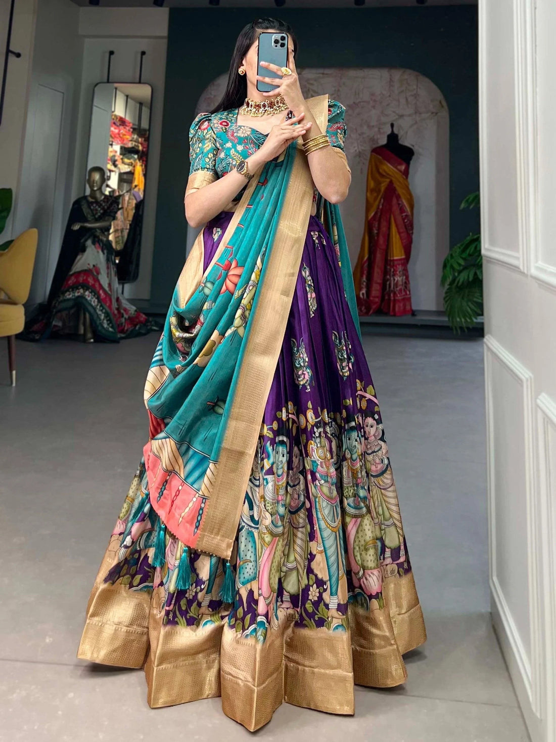 Amazing Purple Kalamkari Print Silk Festive Wear Lehenga Choli