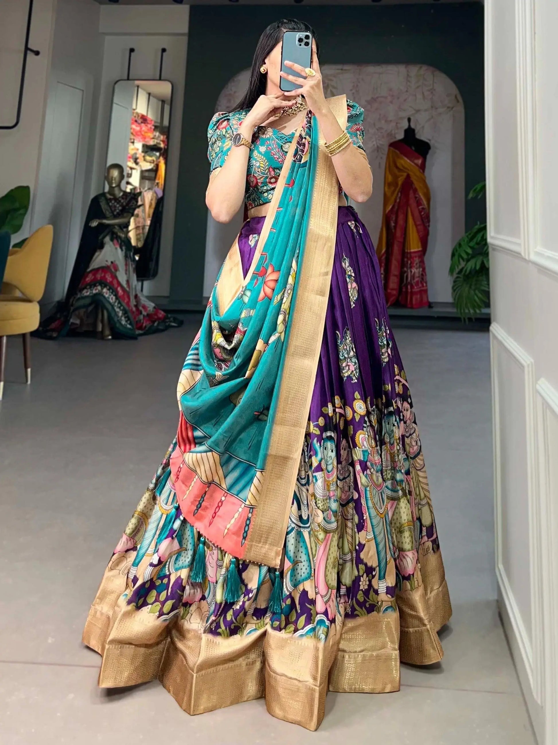 Amazing Purple Kalamkari Print Silk Festive Wear Lehenga Choli - Zeel Clothing