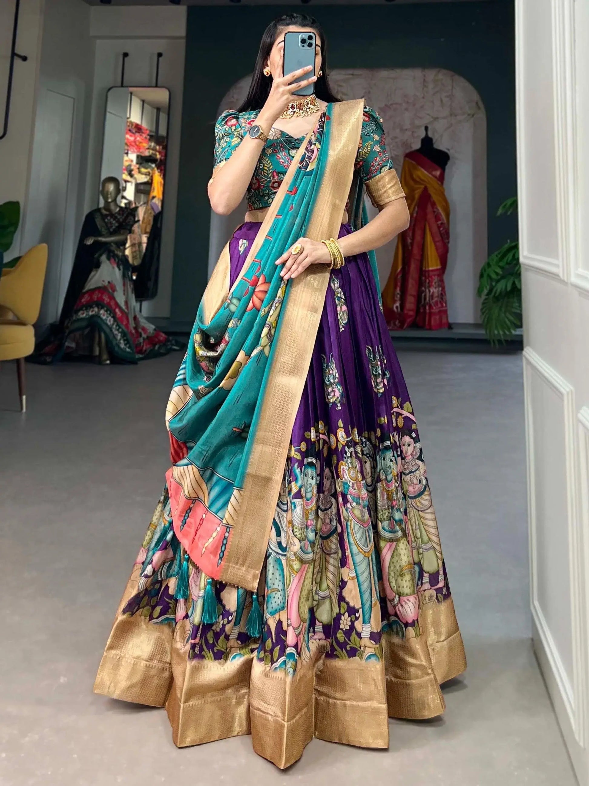 Amazing Purple Kalamkari Print Silk Festive Wear Lehenga Choli - Zeel Clothing