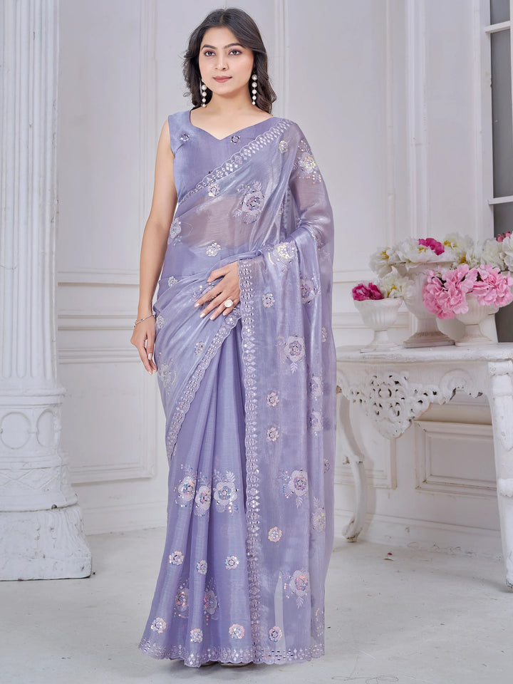 Amazing Purple Sequins Organza Silk Festive Wear Saree With Blouse - Zeel Clothing