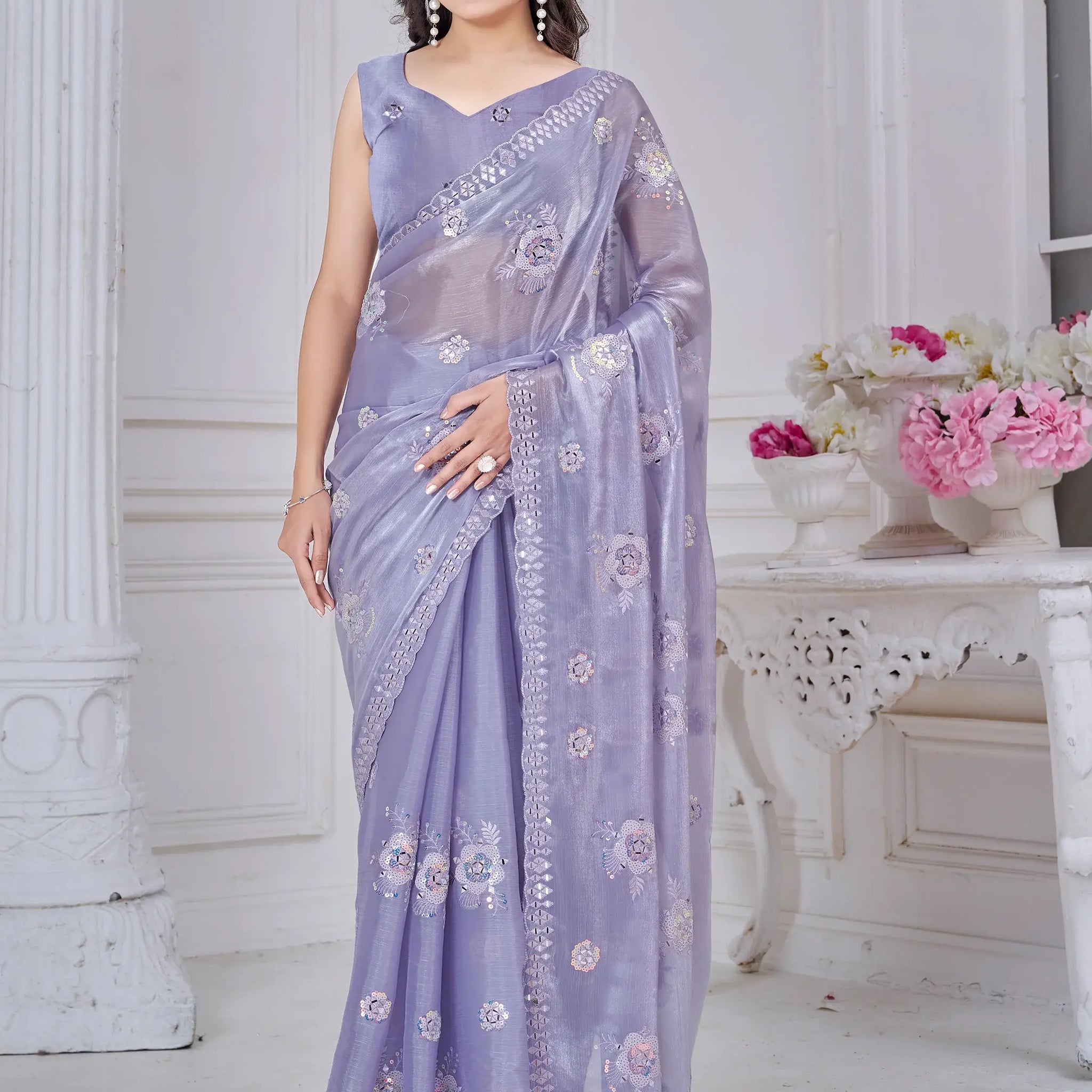 Amazing Purple Sequins Organza Silk Festive Wear Saree With Blouse - Zeel Clothing