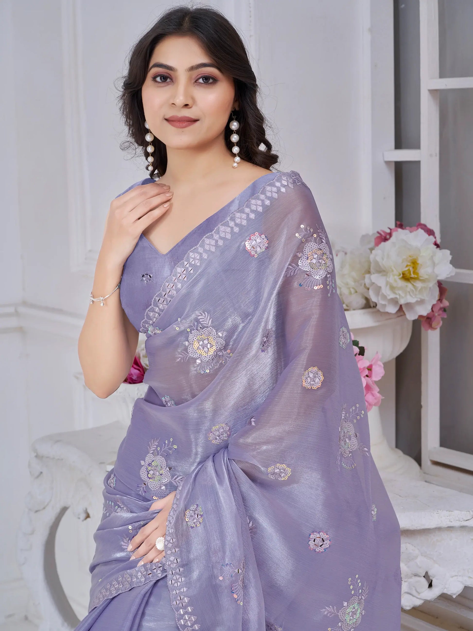 Amazing Purple Sequins Organza Silk Festive Wear Saree With Blouse - Zeel Clothing