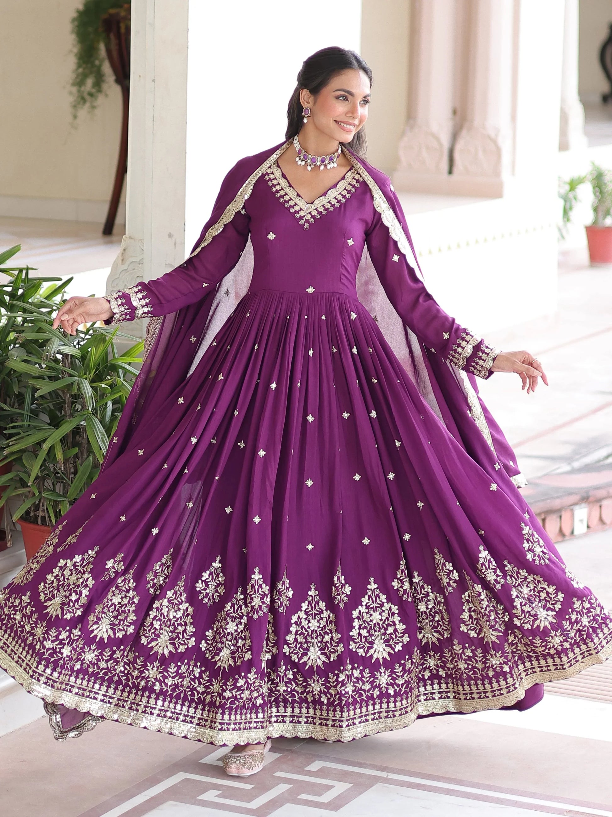 Amazing Purple Sequins Silk Wedding Wear Gown With Dupatta