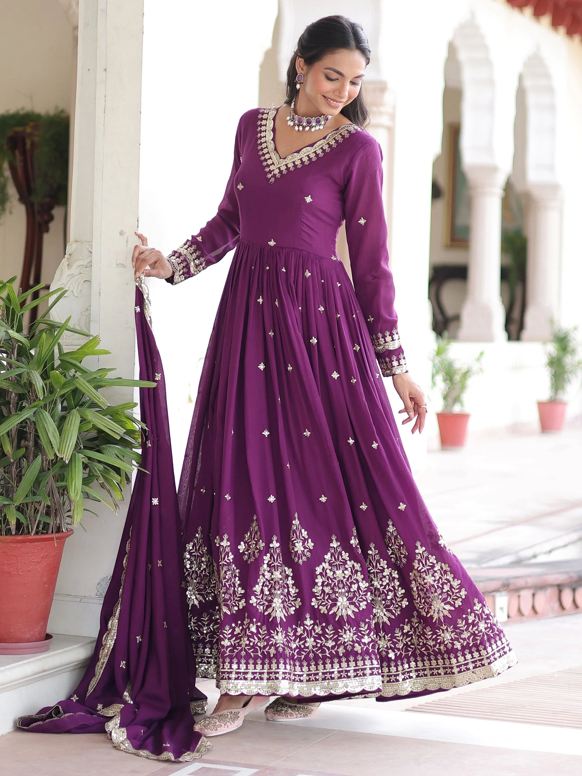 Amazing Purple Sequins Silk Wedding Wear Gown With Dupatta