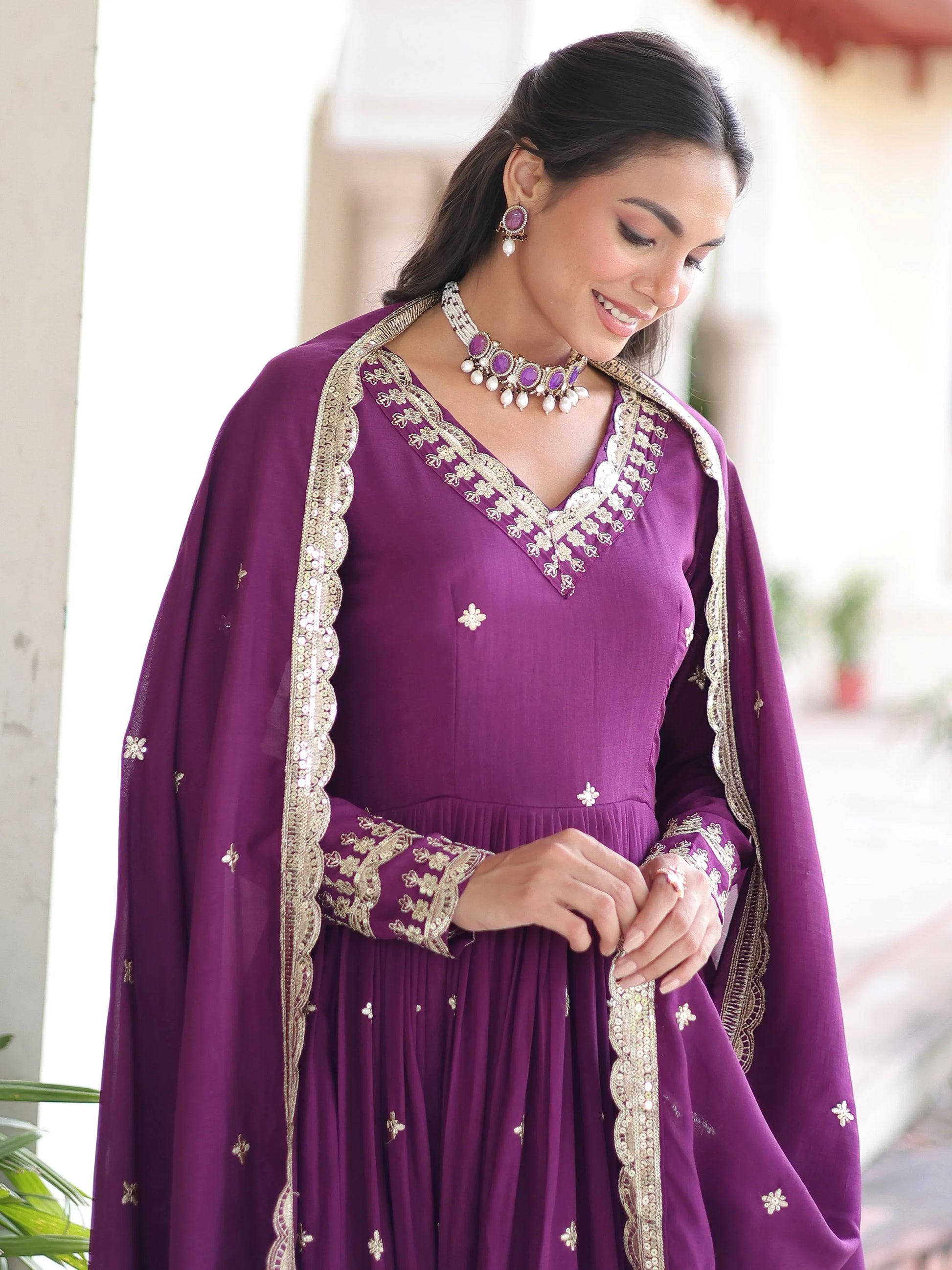 Amazing Purple Sequins Silk Wedding Wear Gown With Dupatta