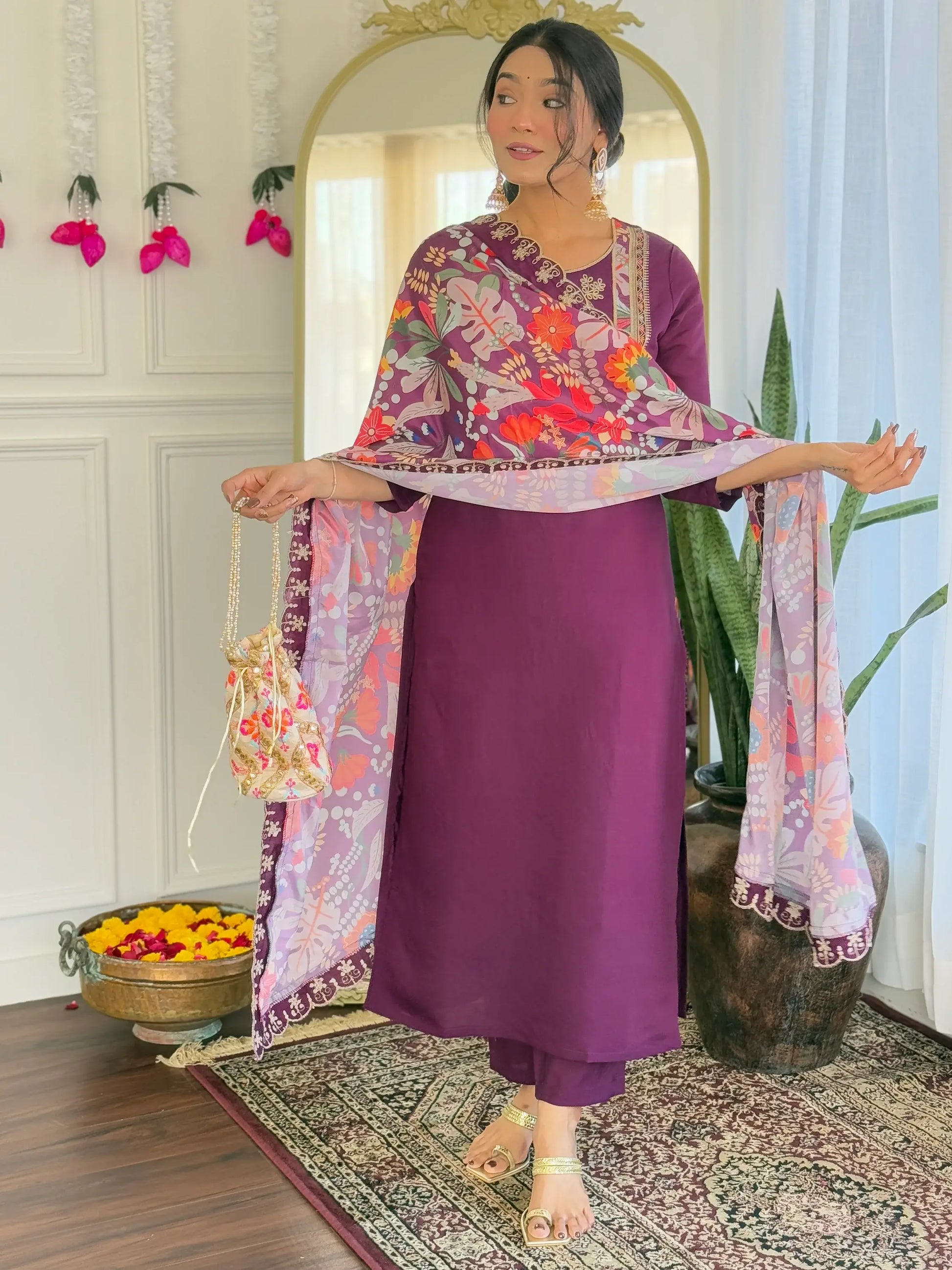 Amazing Purple Thread Embroidered Chanderi Festive Wear Pant Suit - Zeel Clothing