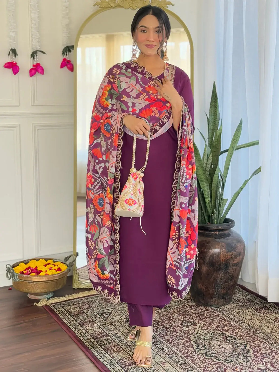 Amazing Purple Thread Embroidered Chanderi Festive Wear Pant Suit - Zeel Clothing