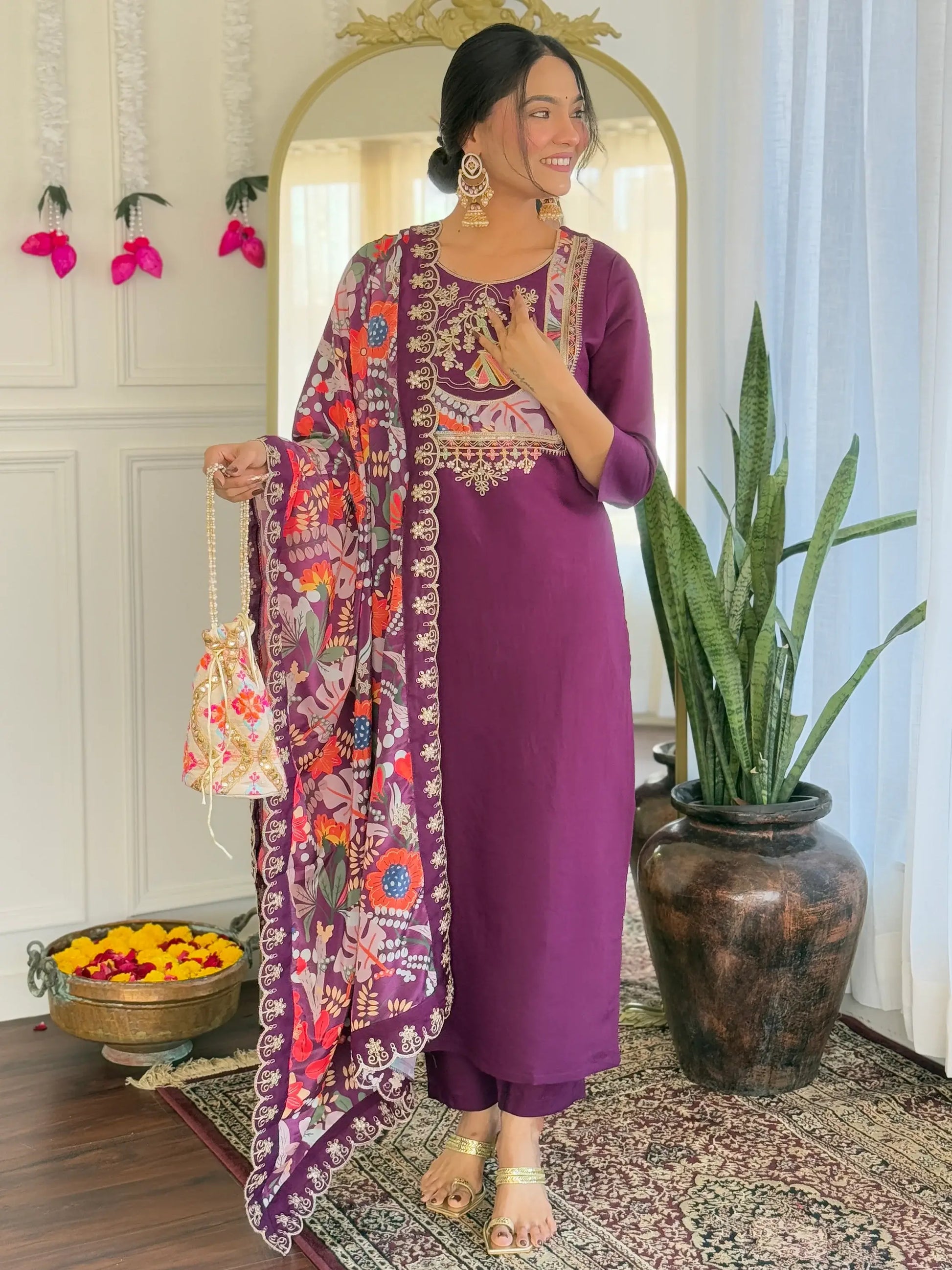 Amazing Purple Thread Embroidered Chanderi Festive Wear Pant Suit - Zeel Clothing