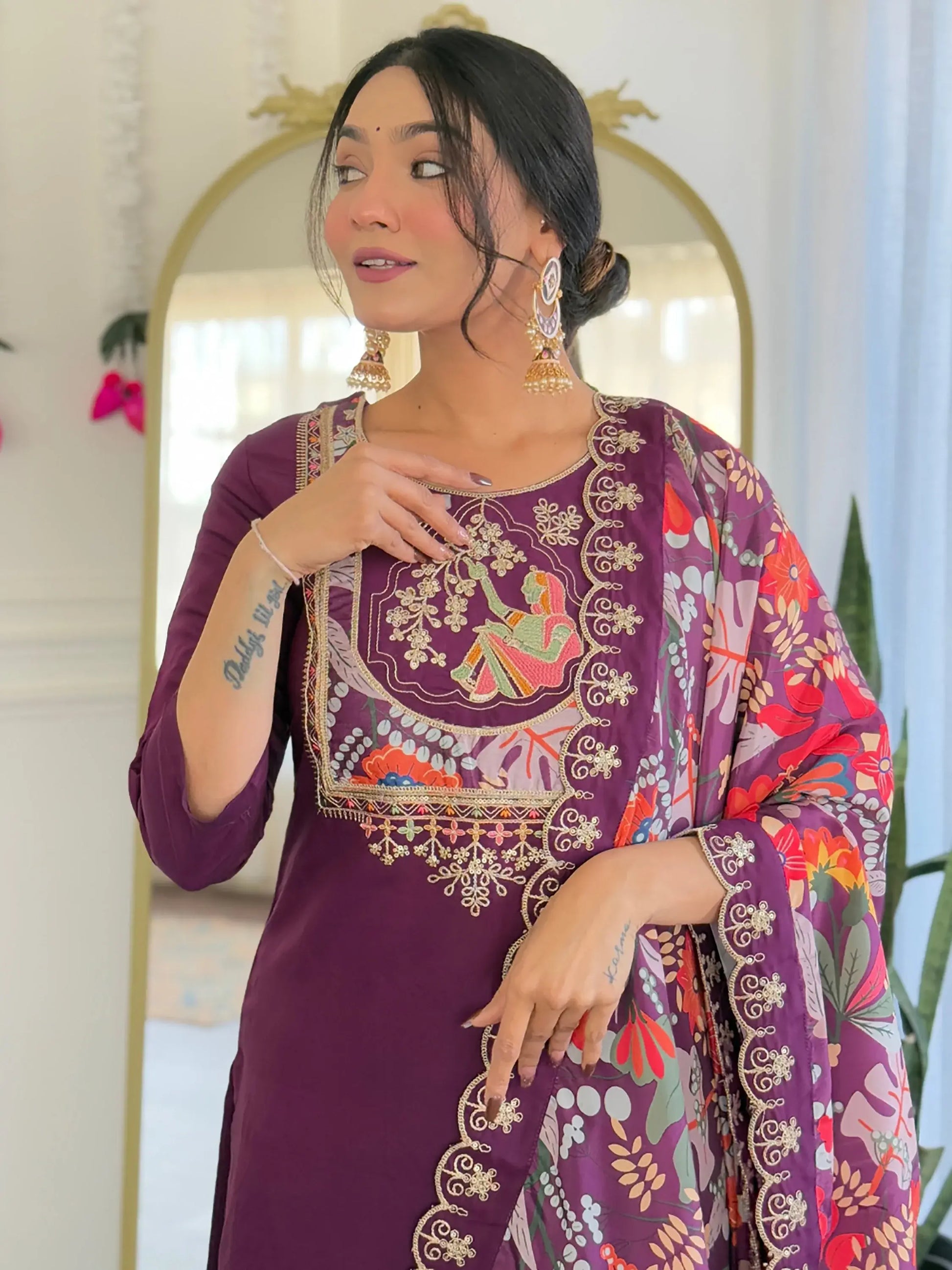 Amazing Purple Thread Embroidered Chanderi Festive Wear Pant Suit - Zeel Clothing