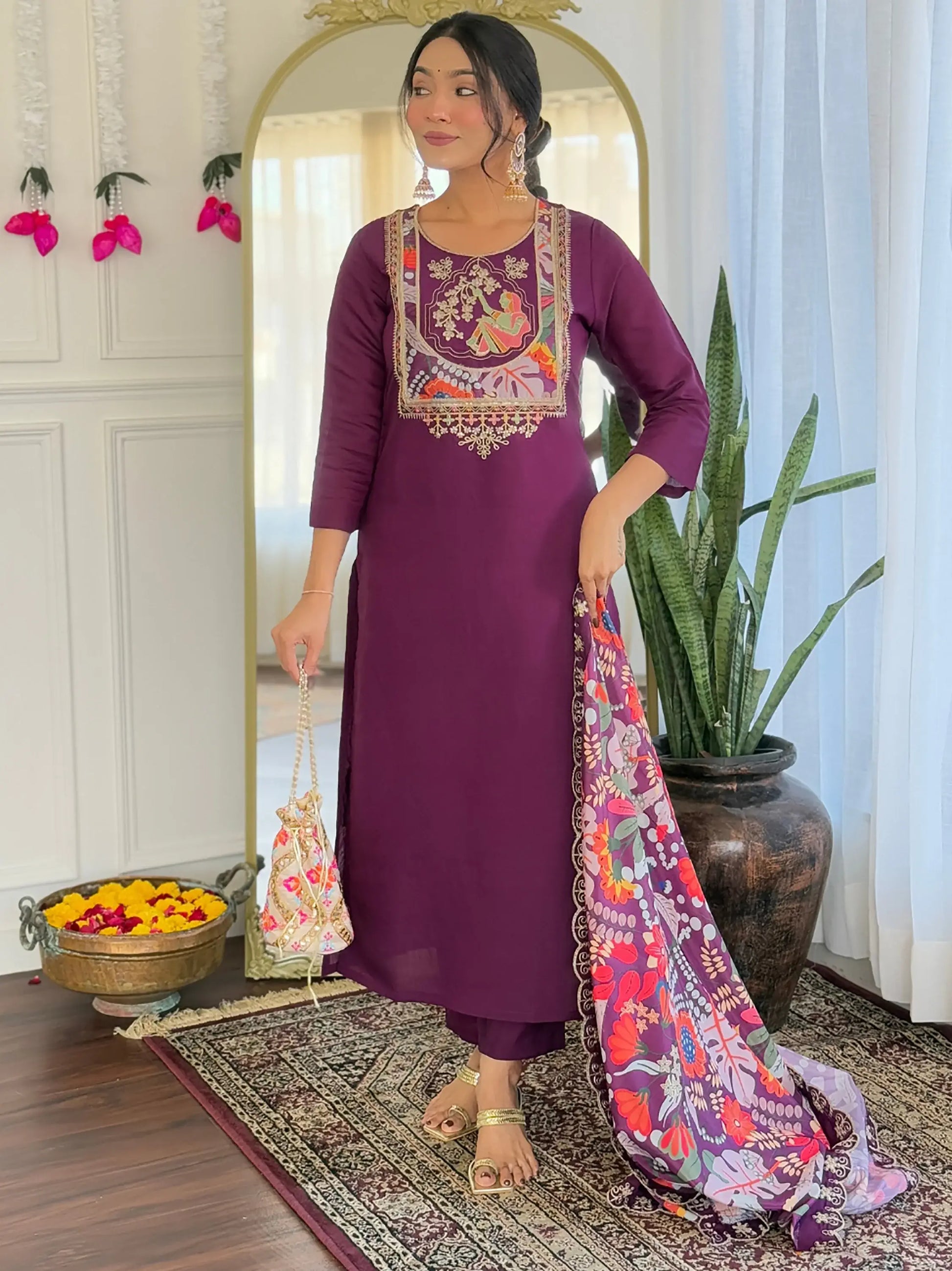 Amazing Purple Thread Embroidered Chanderi Festive Wear Pant Suit - Zeel Clothing