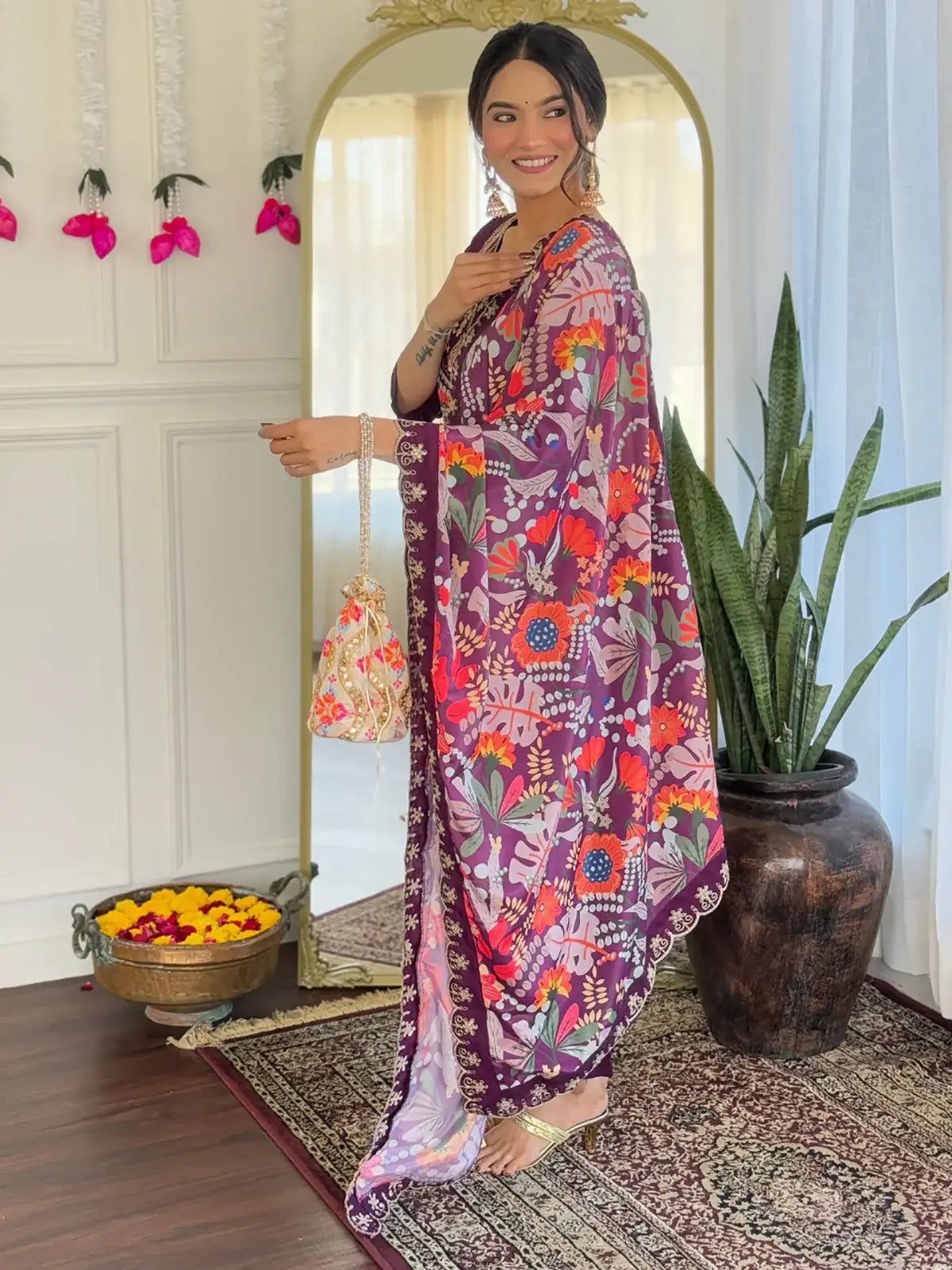 Amazing Purple Thread Embroidered Chanderi Festive Wear Pant Suit - Zeel Clothing