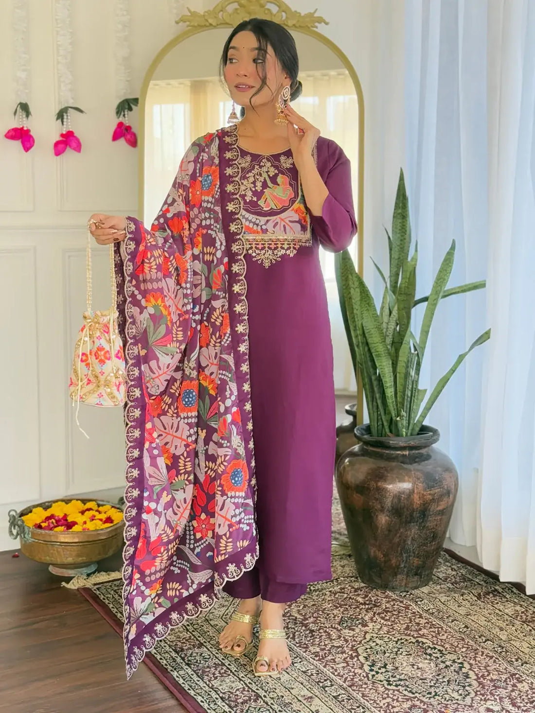 Amazing Purple Thread Embroidered Chanderi Festive Wear Pant Suit - Zeel Clothing