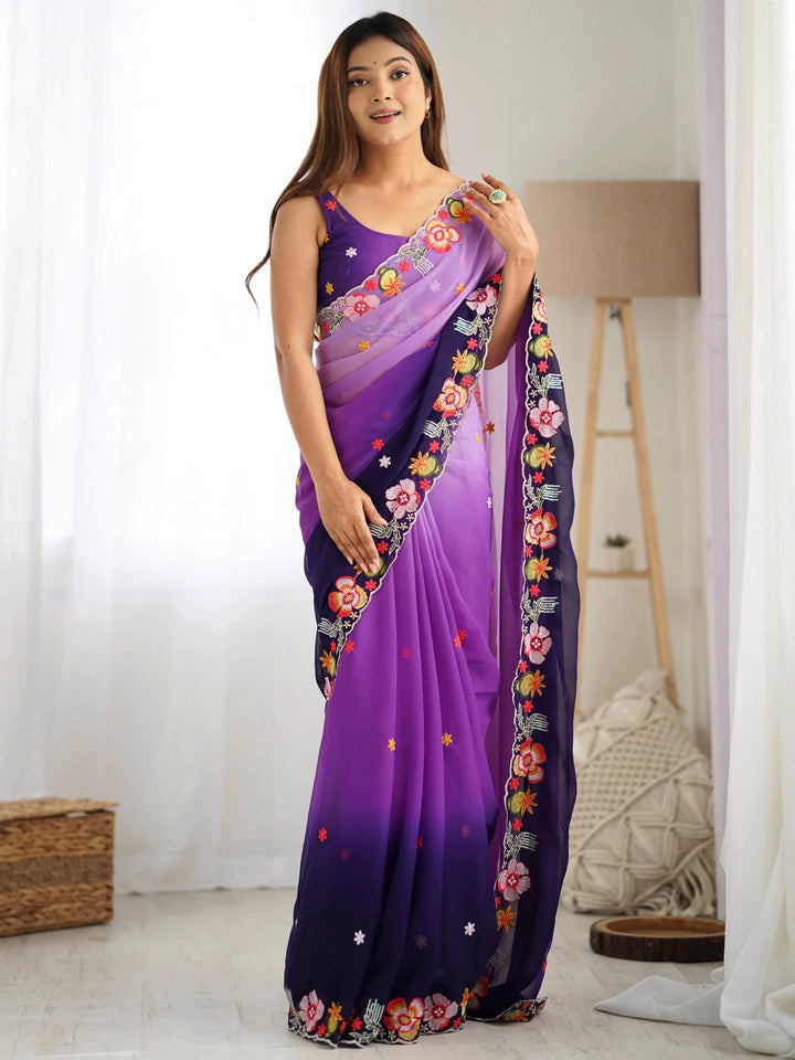 Amazing Purple Thread Embroidered Georgette Casual Wear Saree - Zeel Clothing