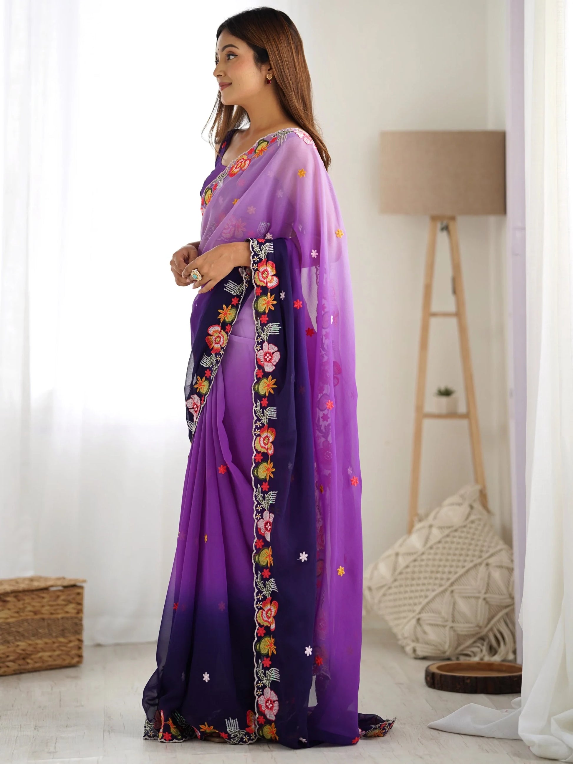 Amazing Purple Thread Embroidered Georgette Casual Wear Saree - Zeel Clothing