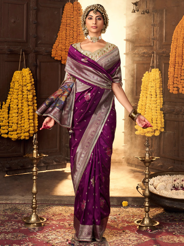 Amazing Purple Zari Weaving Silk Festive Wear Saree With Blouse - Zeel Clothing