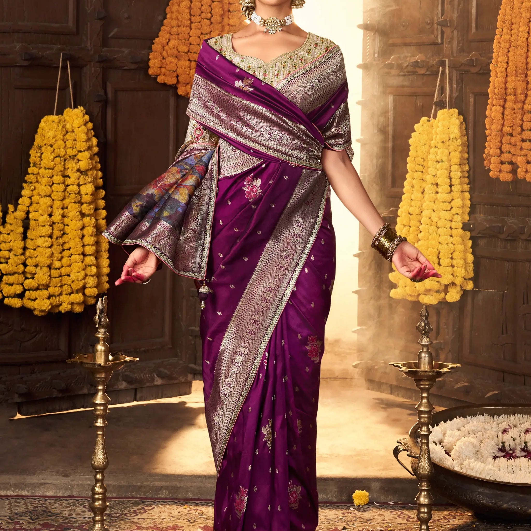 Amazing Purple Zari Weaving Silk Festive Wear Saree With Blouse - Zeel Clothing