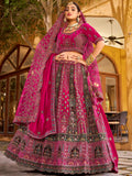 Amazing Rani Pink Floral Embroidery Velvet Bridal Lehenga Choli With Double Dupatta