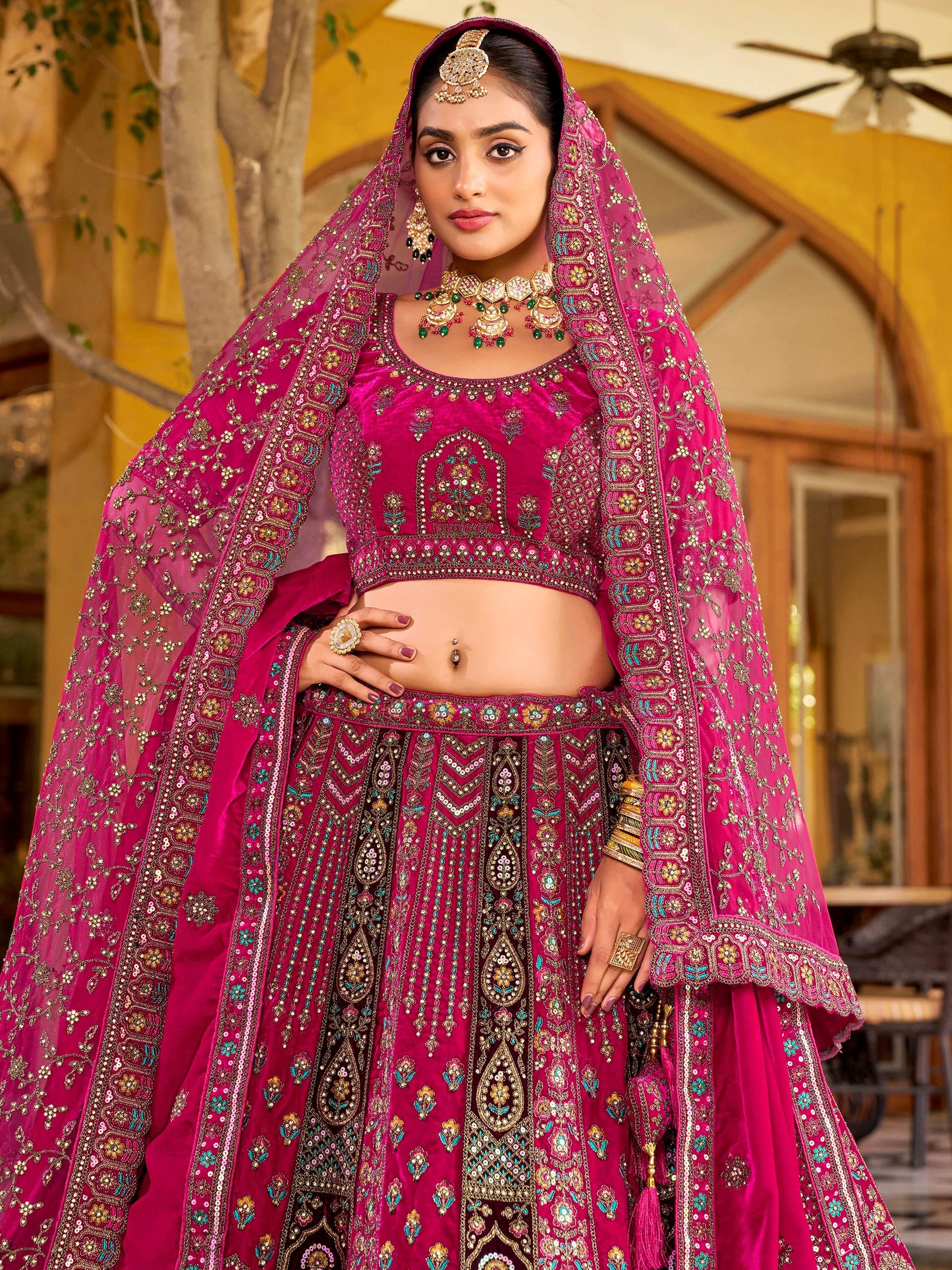Amazing Rani Pink Floral Embroidery Velvet Bridal Lehenga Choli With Double Dupatta