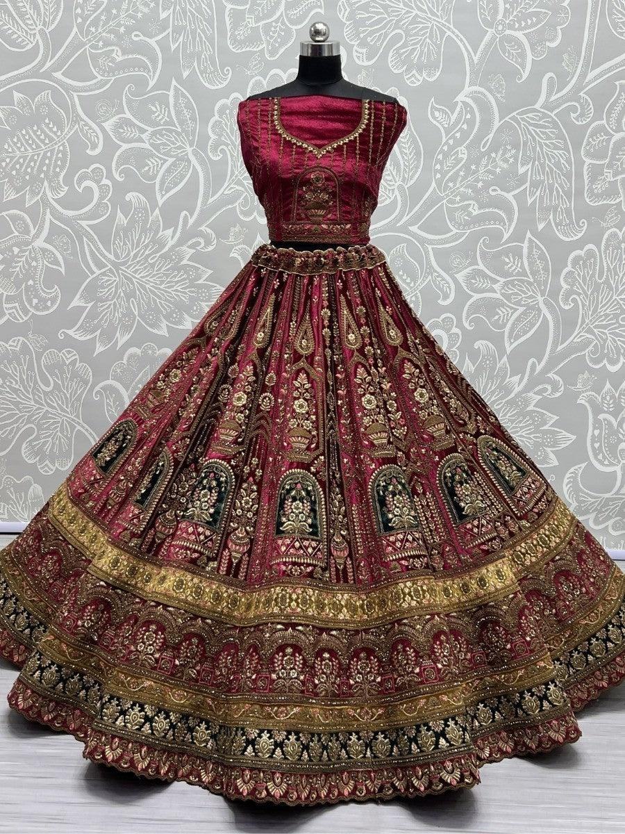 Amazing Rani Pink Multi-Thread Work Velvet Bridal Lehenga Choli