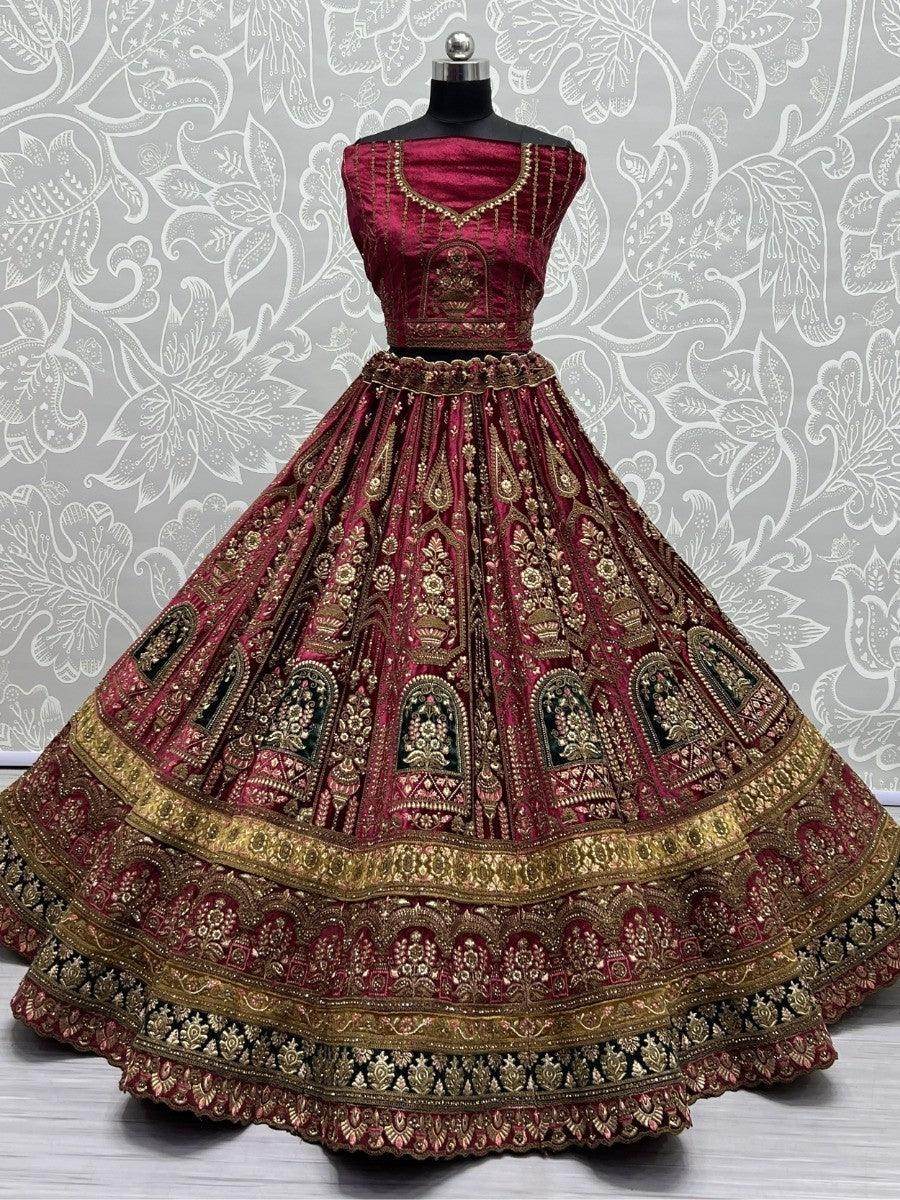 Amazing Rani Pink Multi-Thread Work Velvet Bridal Lehenga Choli - Zeel Clothing