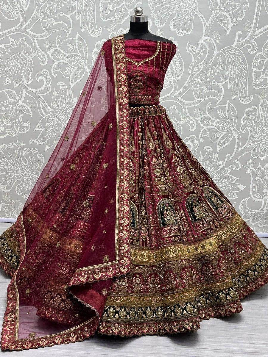 Amazing Rani Pink Multi-Thread Work Velvet Bridal Lehenga Choli - Zeel Clothing