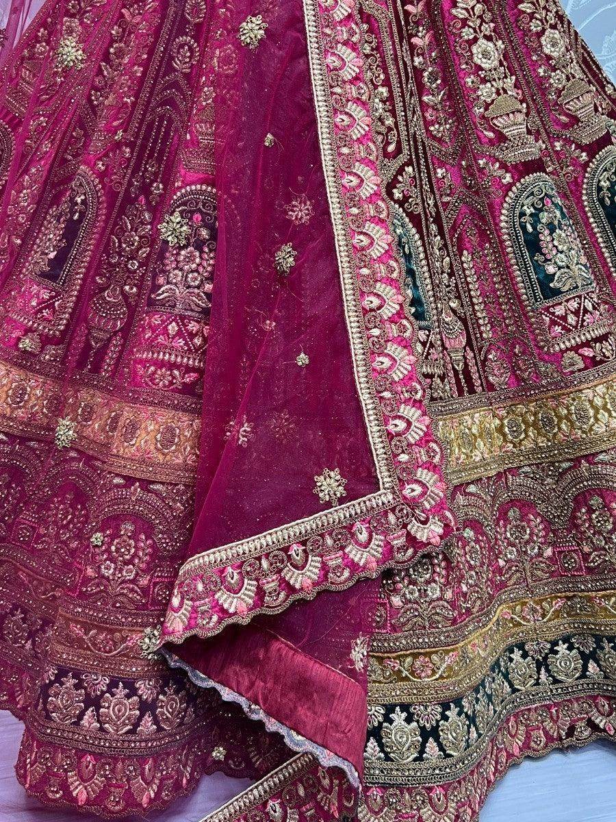 Amazing Rani Pink Multi-Thread Work Velvet Bridal Lehenga Choli - Zeel Clothing