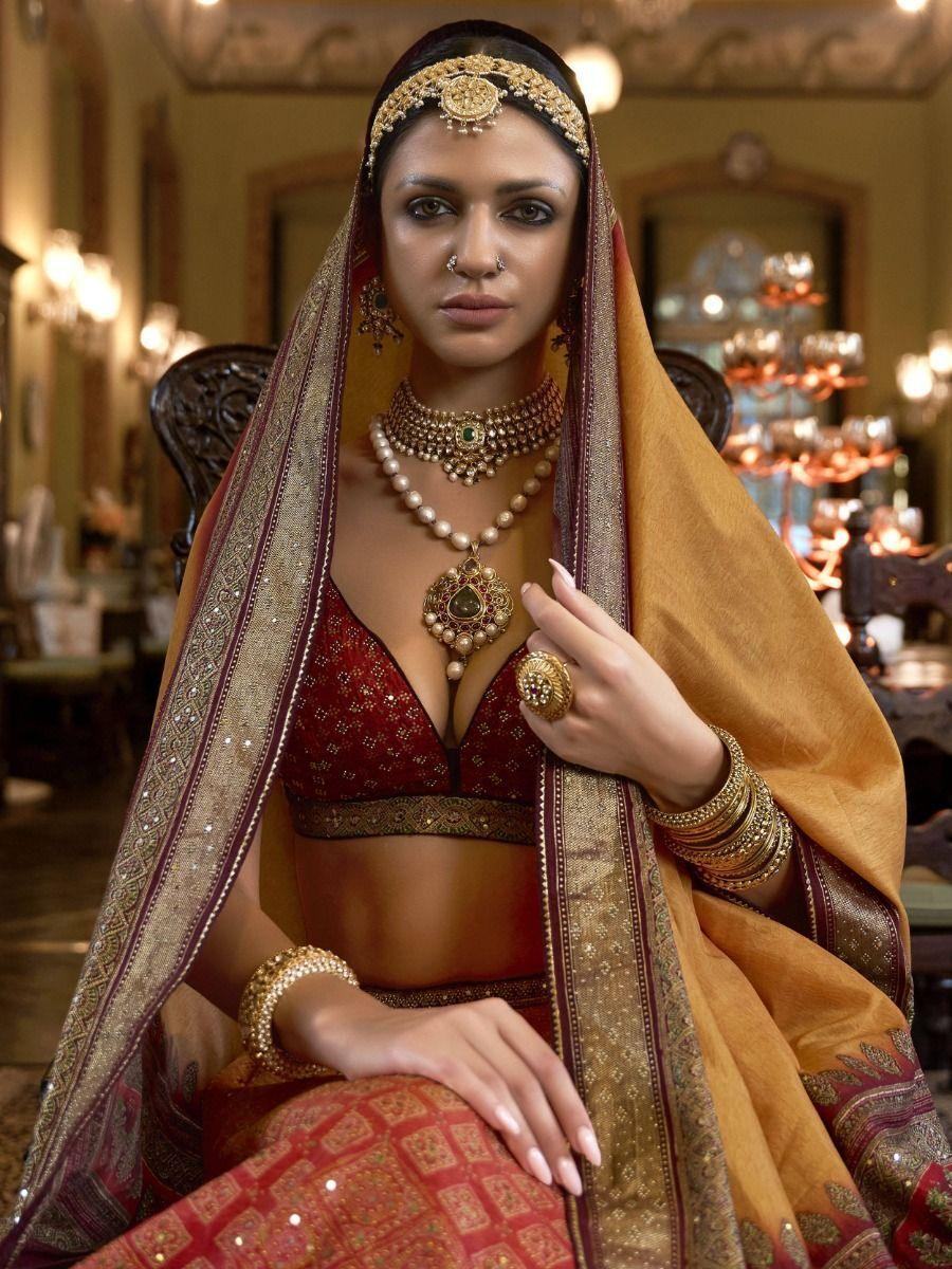 Amazing Red & Yellow Mirror Work Rajwadi Silk Traditional Lehenga Choli
