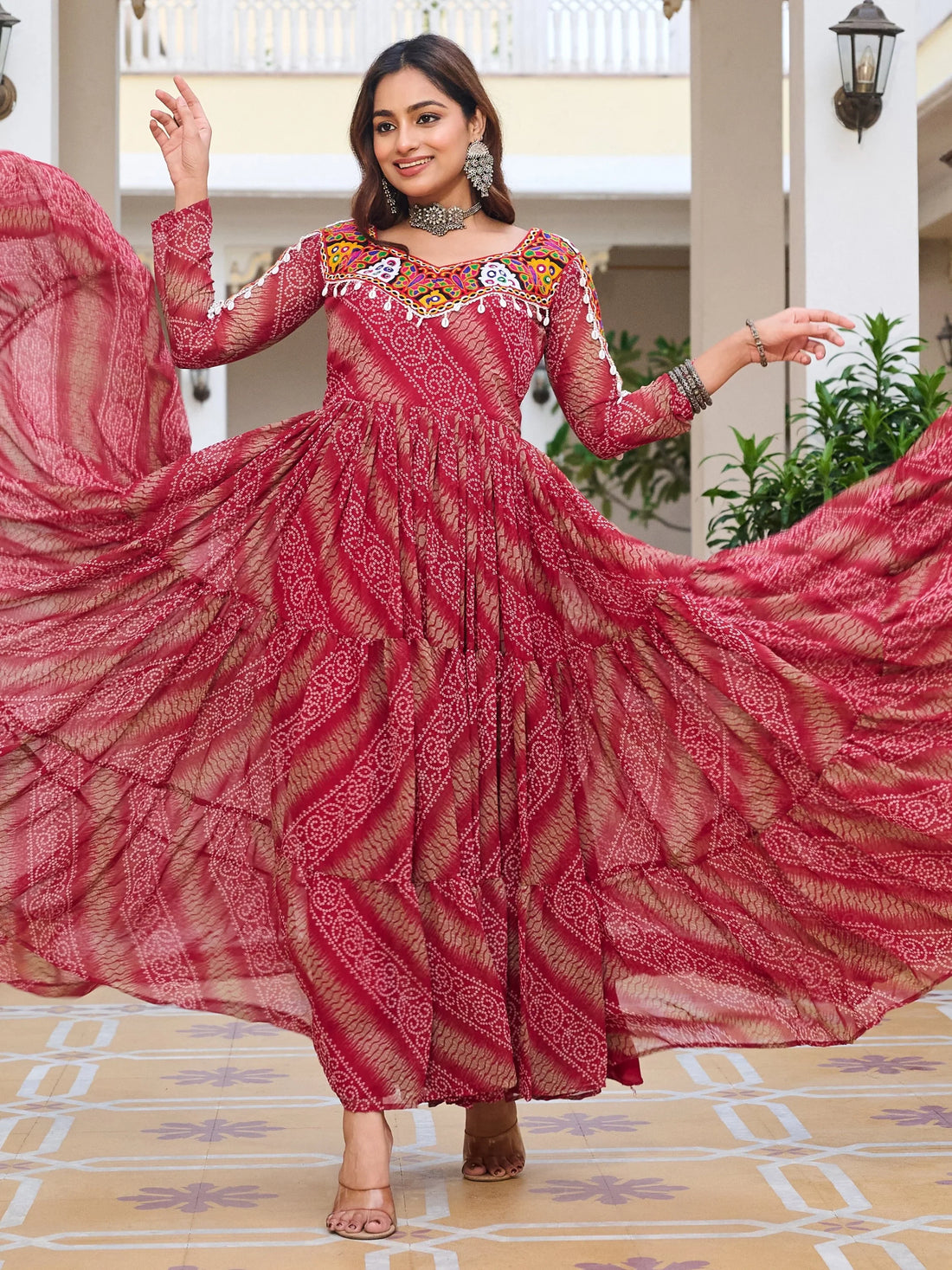 Amazing Red Bandhani Print Georgette Navratri Special Gown - Zeel Clothing