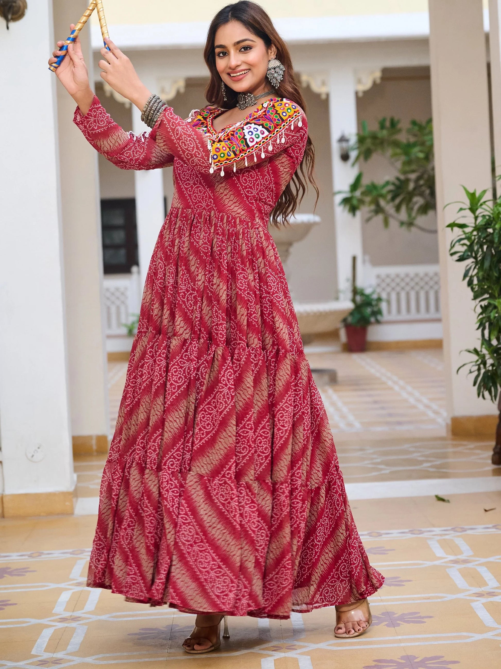 Amazing Red Bandhani Print Georgette Navratri Special Gown - Zeel Clothing