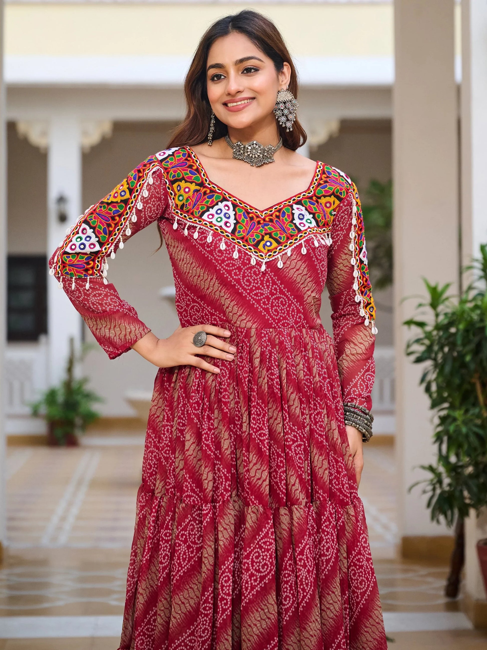 Amazing Red Bandhani Print Georgette Navratri Special Gown - Zeel Clothing