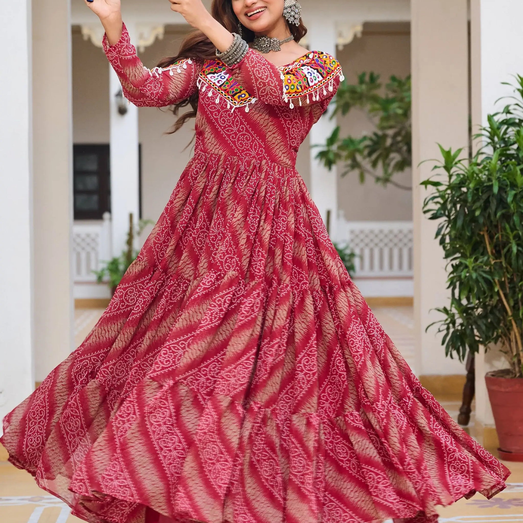 Amazing Red Bandhani Print Georgette Navratri Special Gown - Zeel Clothing