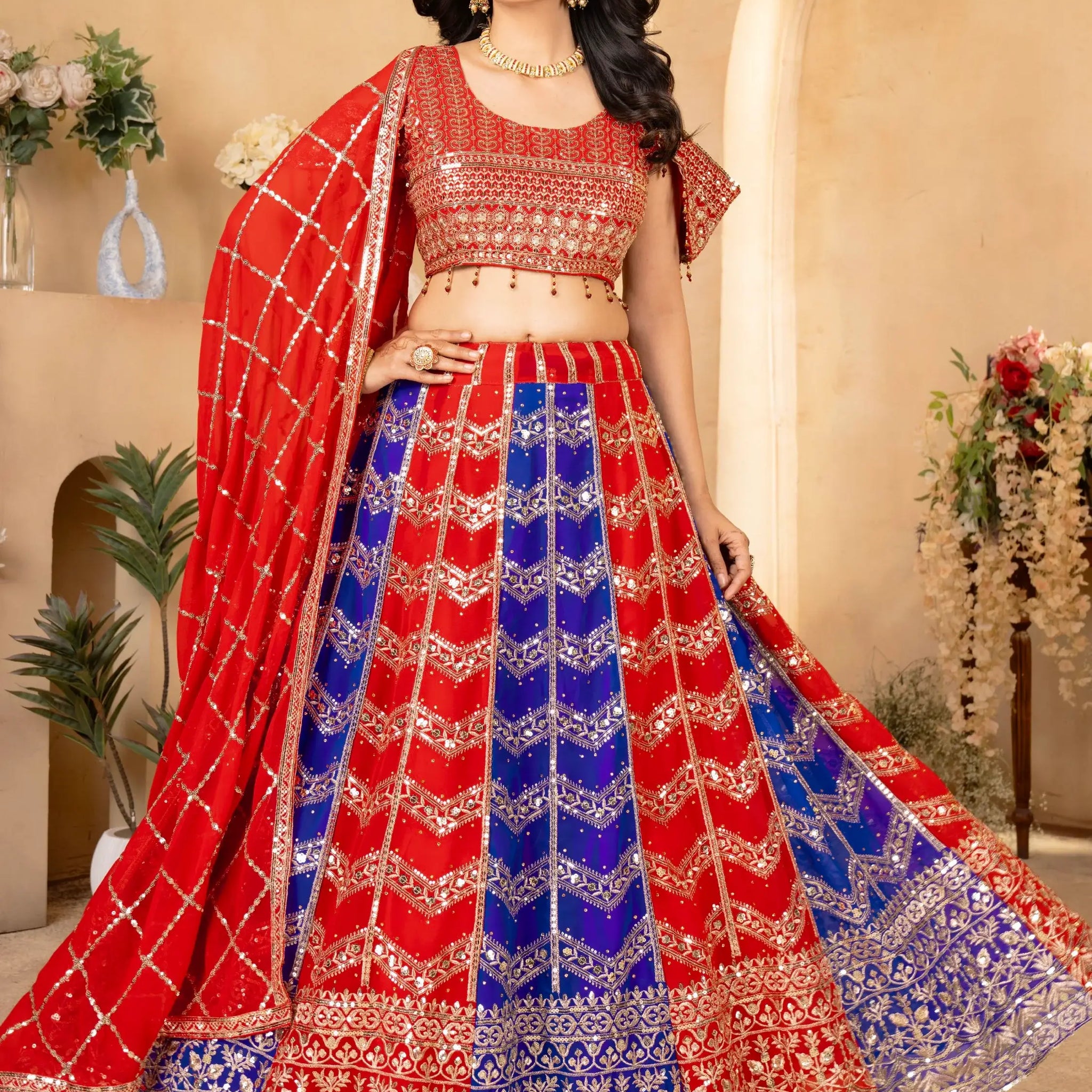Amazing Red-Blue Sequins Georgette Festive Wear Lehenga Choli With Dupatta - Zeel Clothing