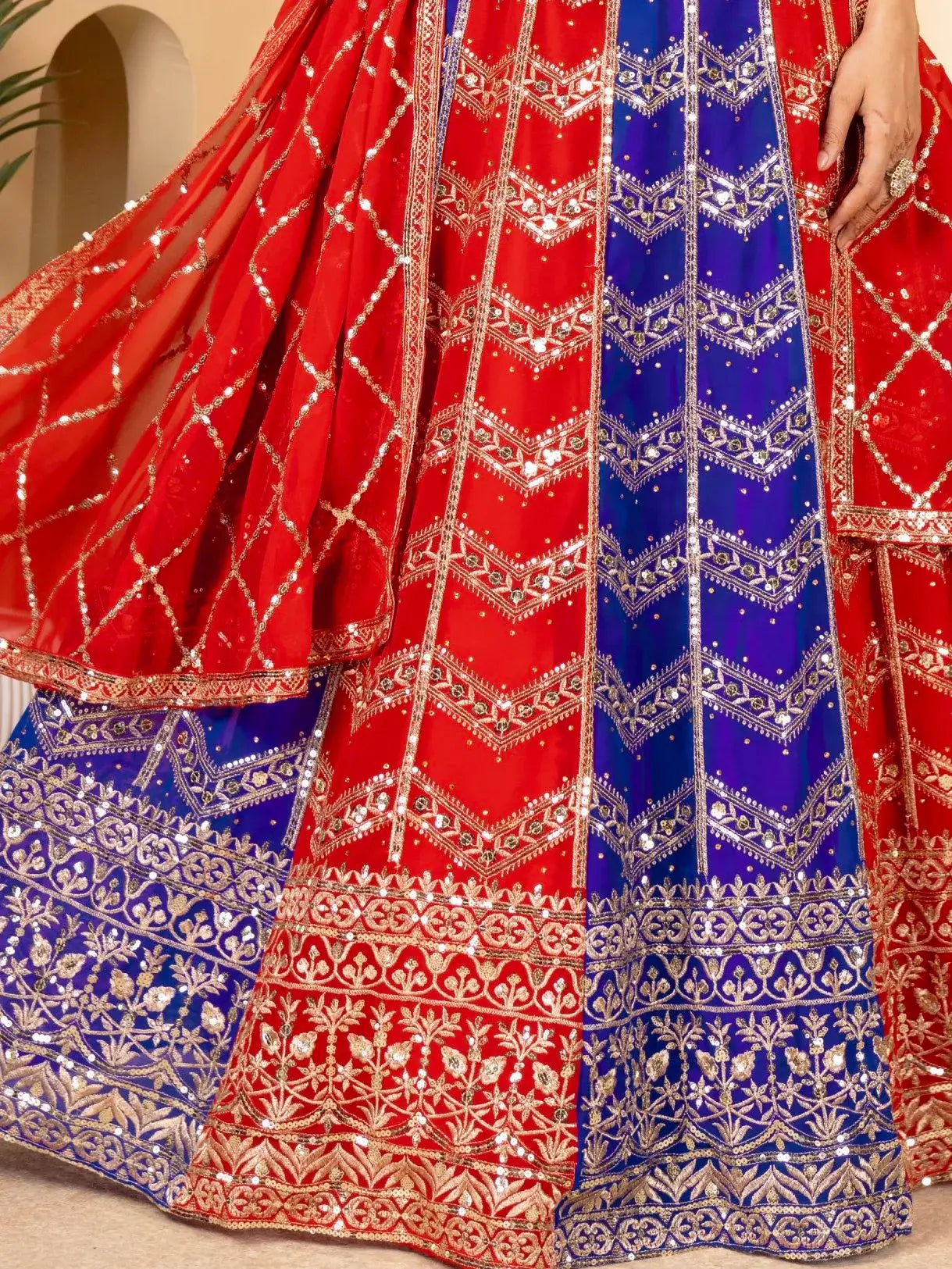 Amazing Red-Blue Sequins Georgette Festive Wear Lehenga Choli With Dupatta - Zeel Clothing