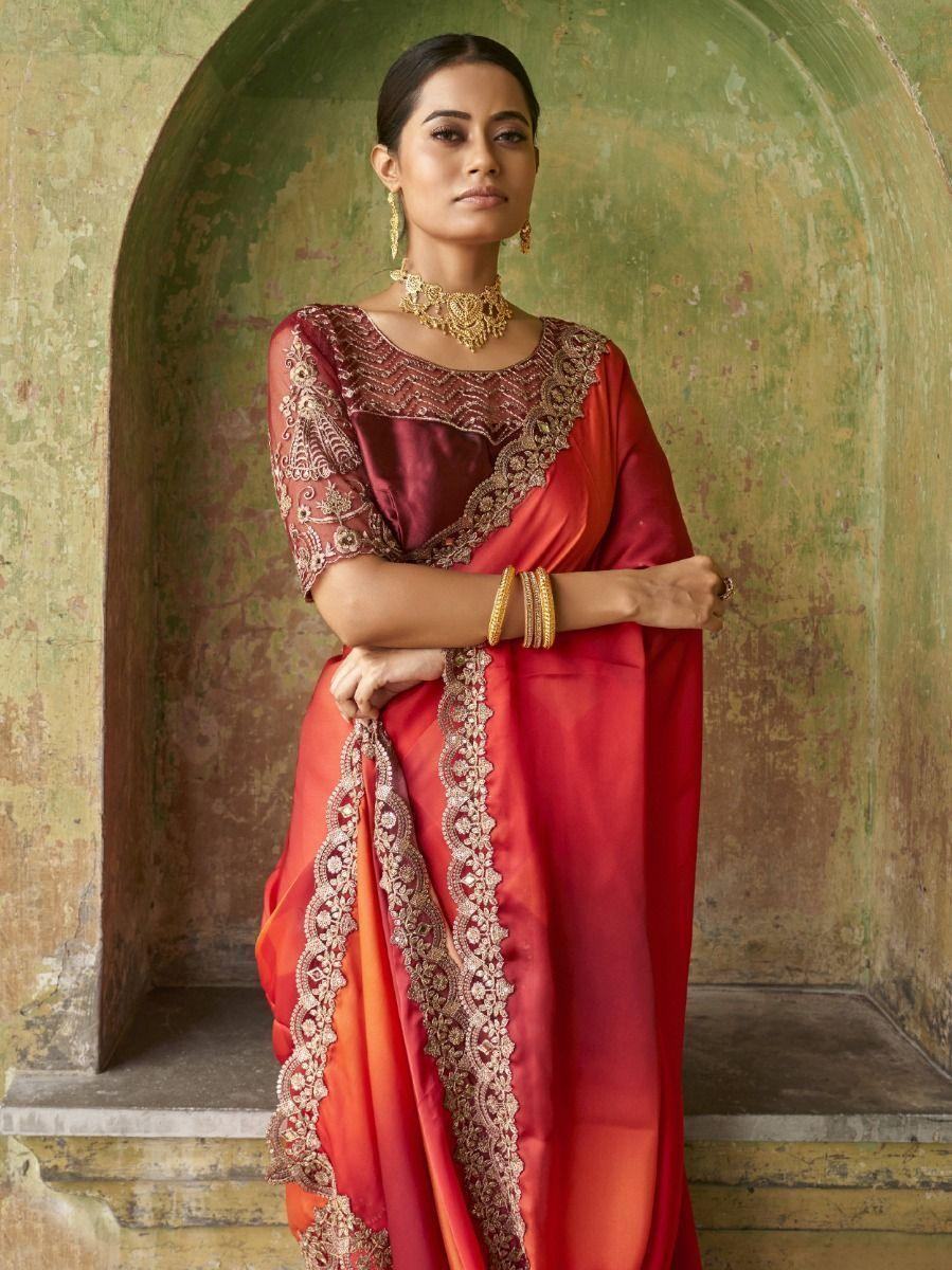 Amazing Red Embroidered Satin Party Wear Saree With Blouse