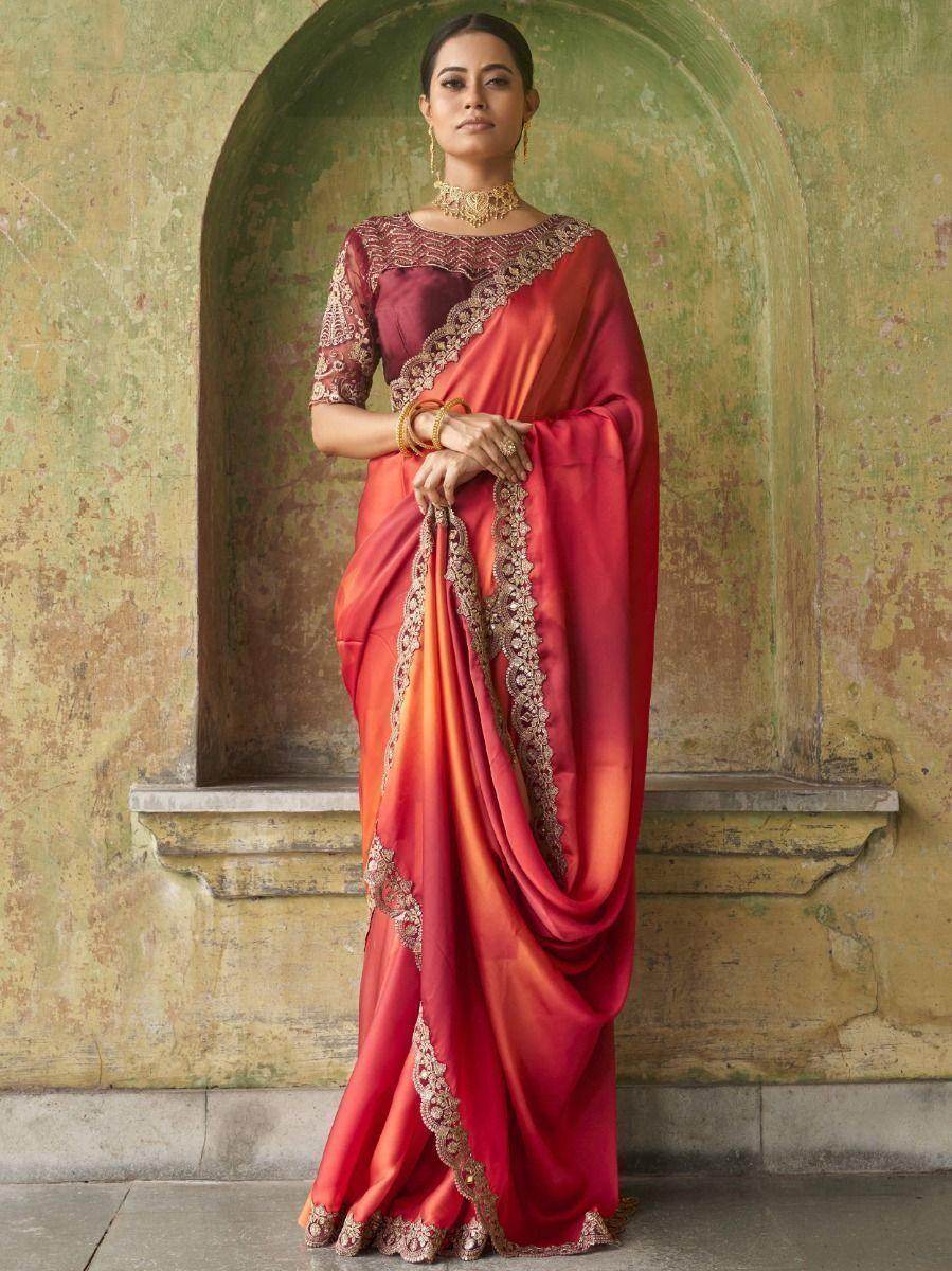 Amazing Red Embroidered Satin Party Wear Saree With Blouse - Zeel Clothing