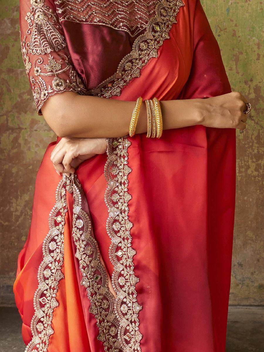 Amazing Red Embroidered Satin Party Wear Saree With Blouse - Zeel Clothing