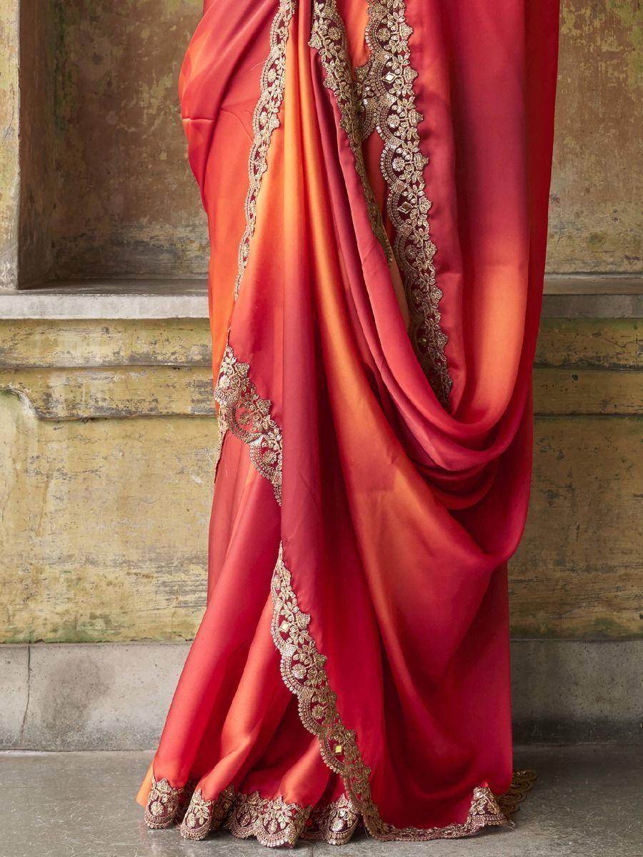 Amazing Red Embroidered Satin Party Wear Saree With Blouse - Zeel Clothing