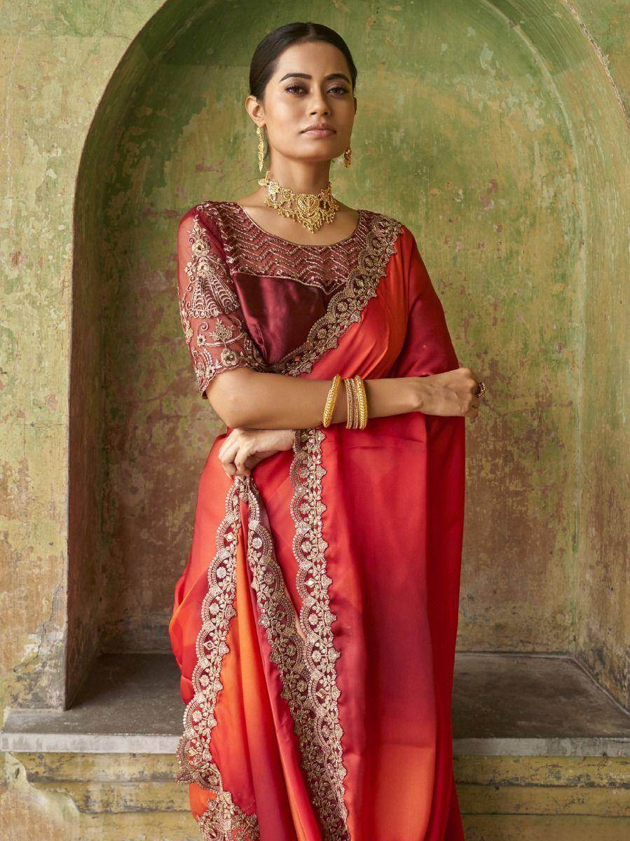 Amazing Red Embroidered Satin Party Wear Saree With Blouse - Zeel Clothing