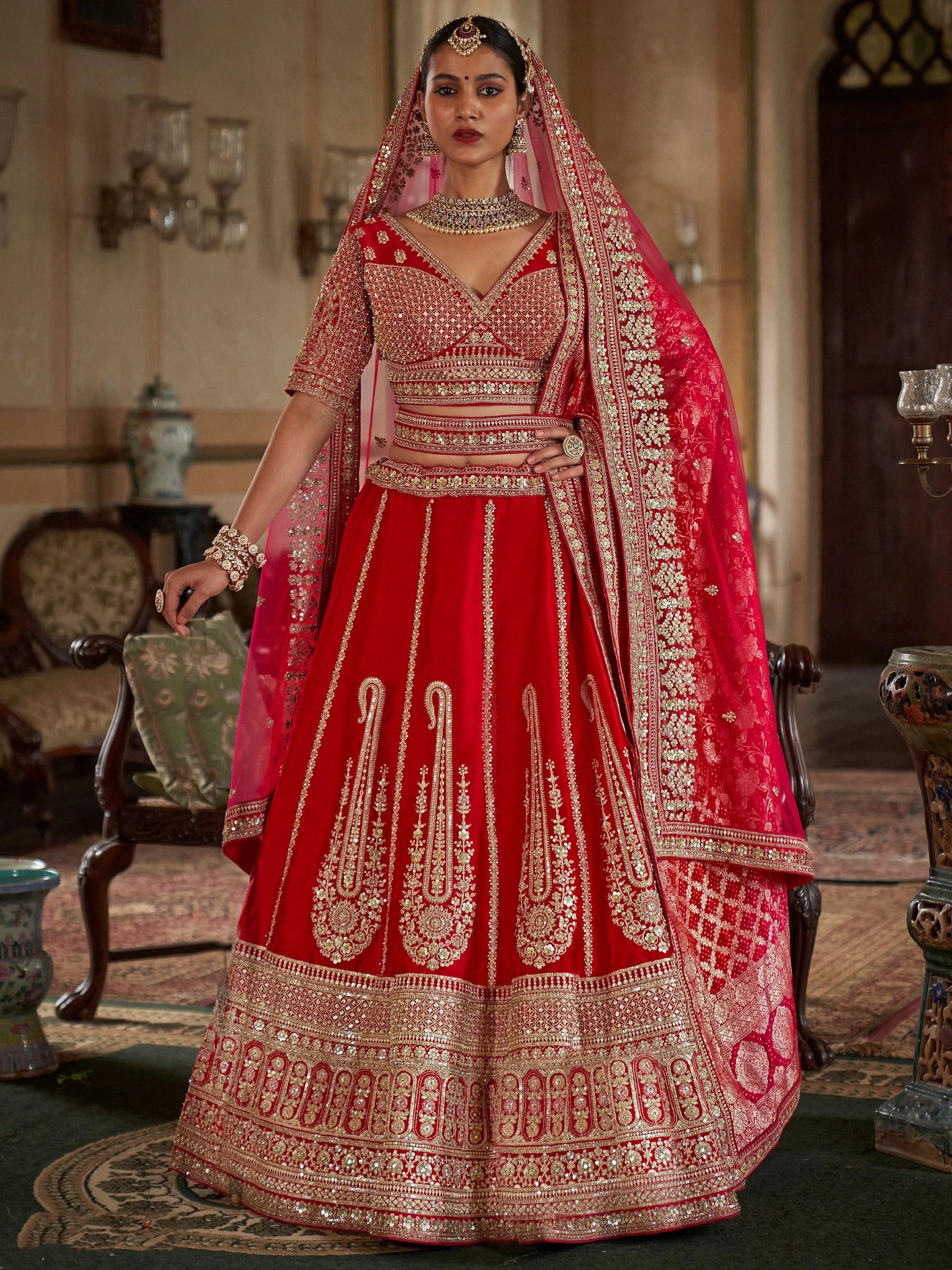 Amazing Red Floral Embroidered Silk Bridal Lehenga Choli With Double Dupatta