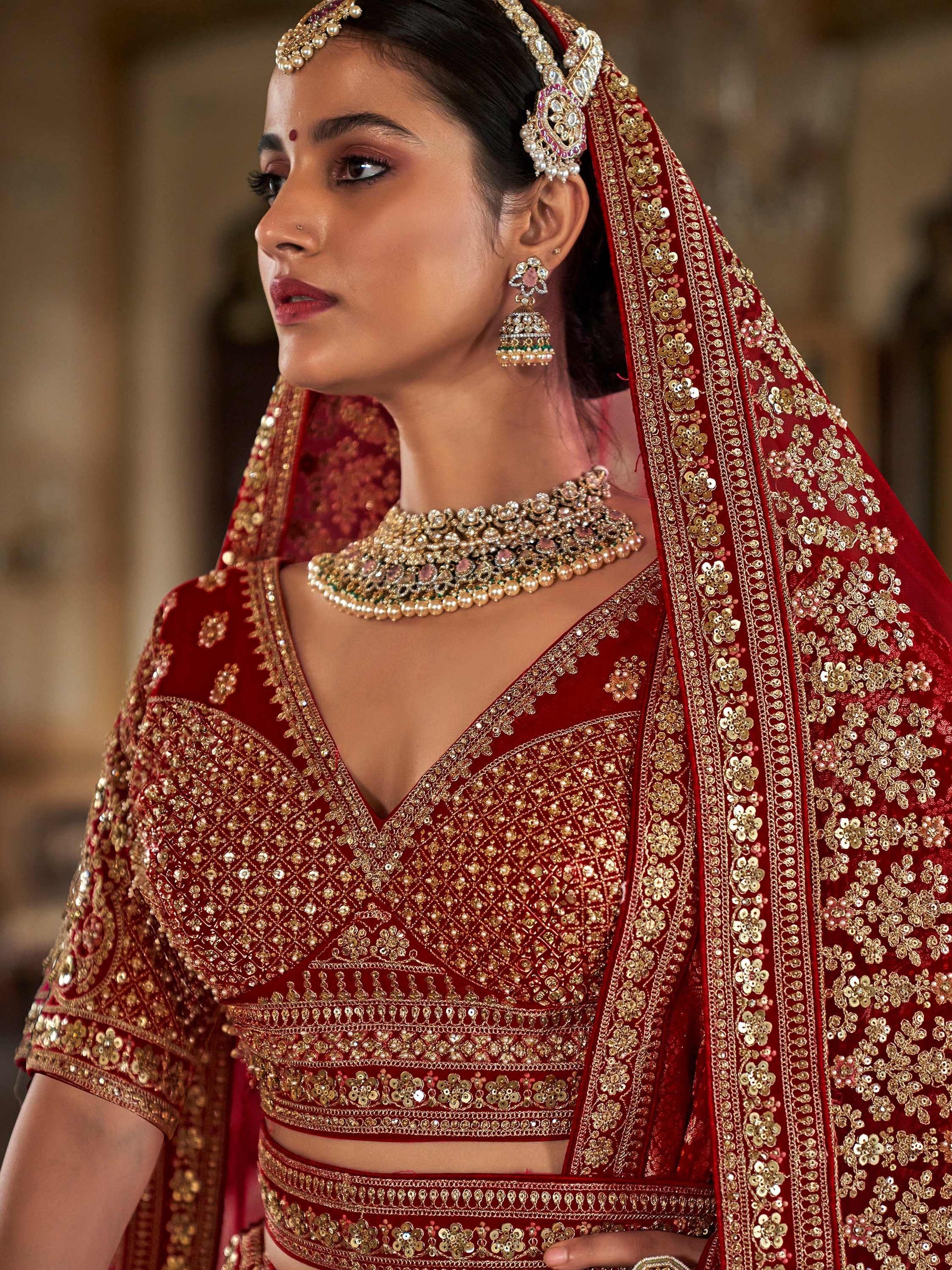 Amazing Red Floral Embroidered Silk Bridal Lehenga Choli With Double Dupatta