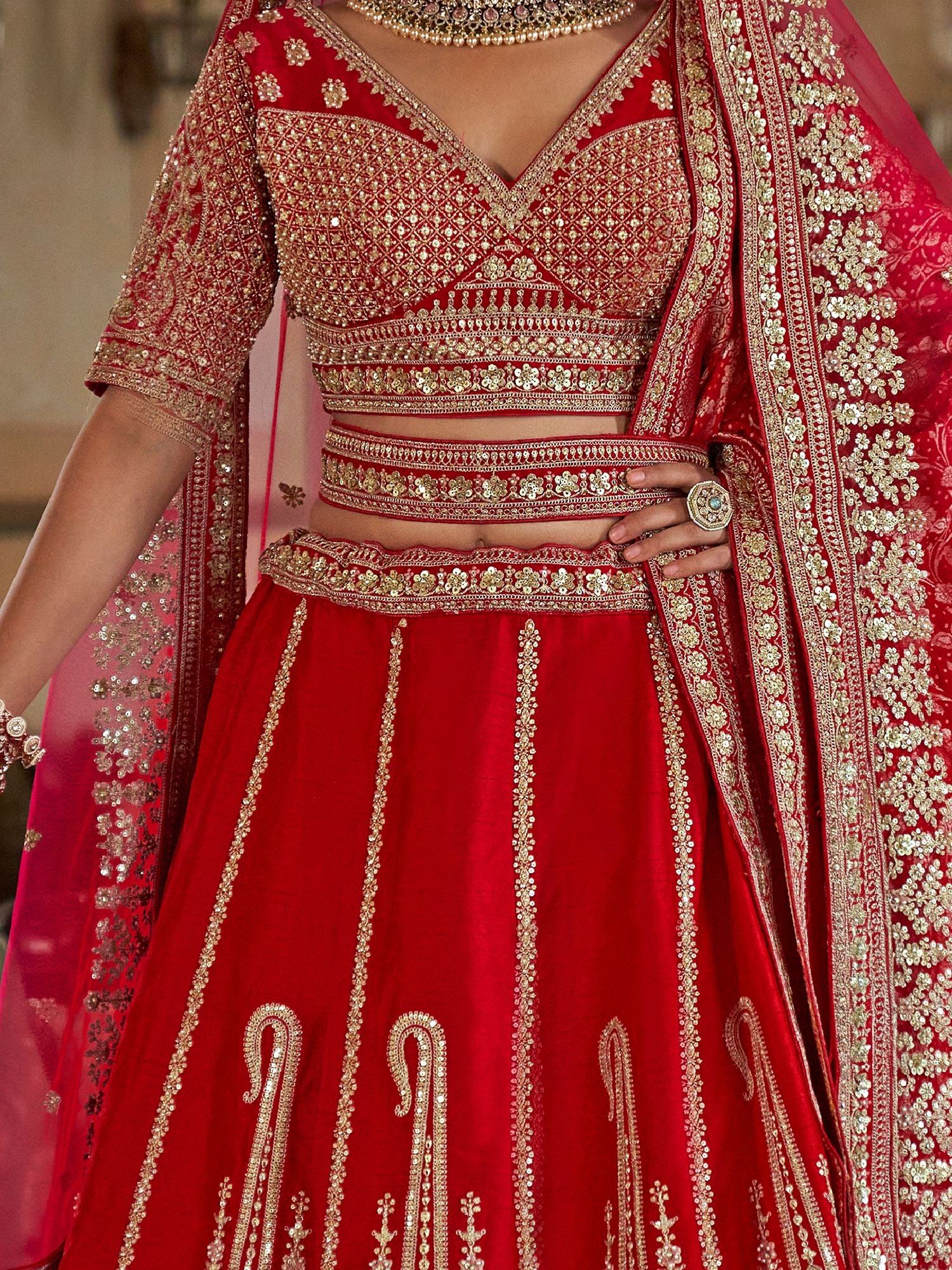 Amazing Red Floral Embroidered Silk Bridal Lehenga Choli With Double Dupatta
