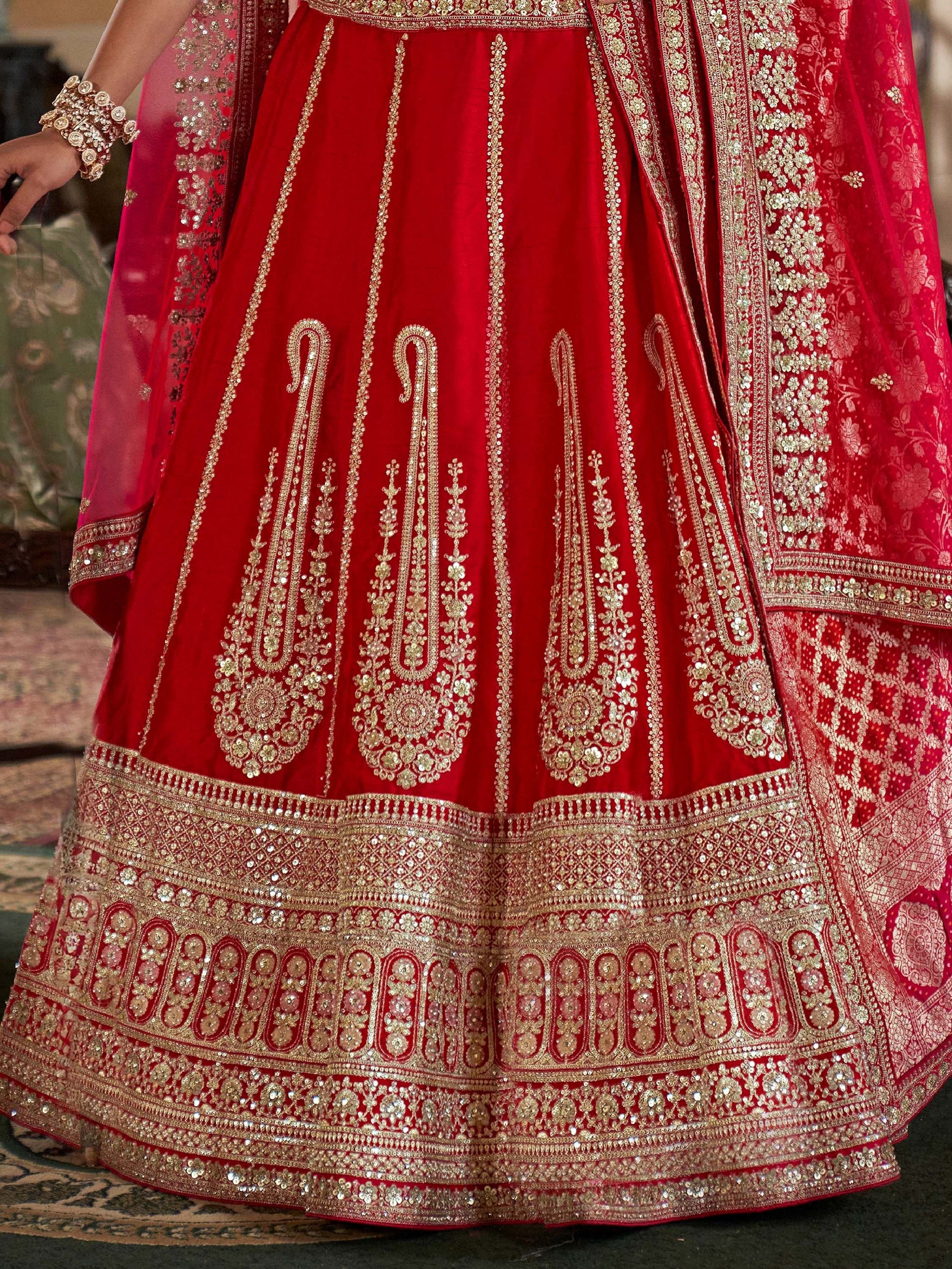 Amazing Red Floral Embroidered Silk Bridal Lehenga Choli With Double Dupatta