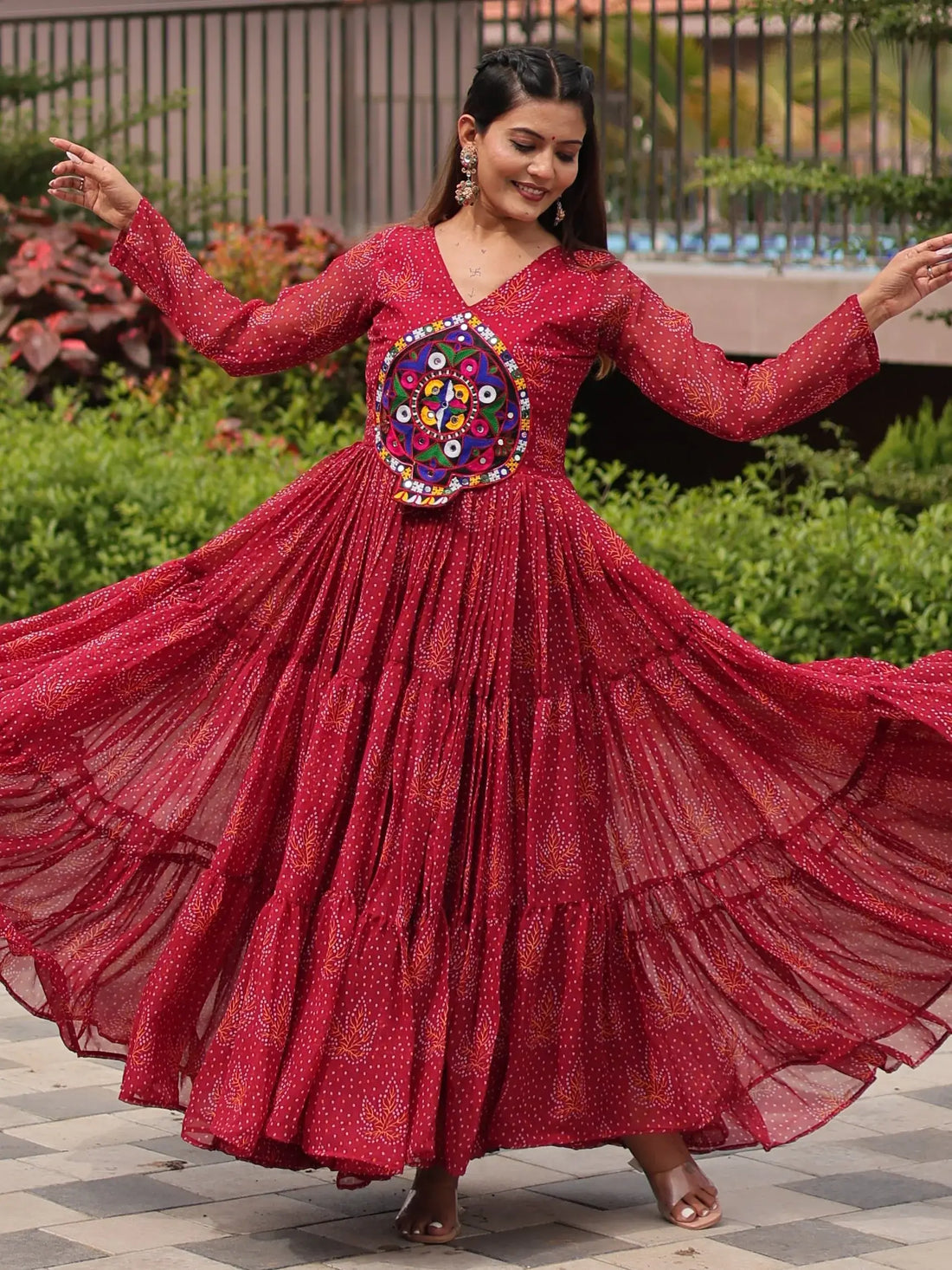 Amazing Red Gamthi Patch Work Georgette Navratri Wear Gown - Zeel Clothing