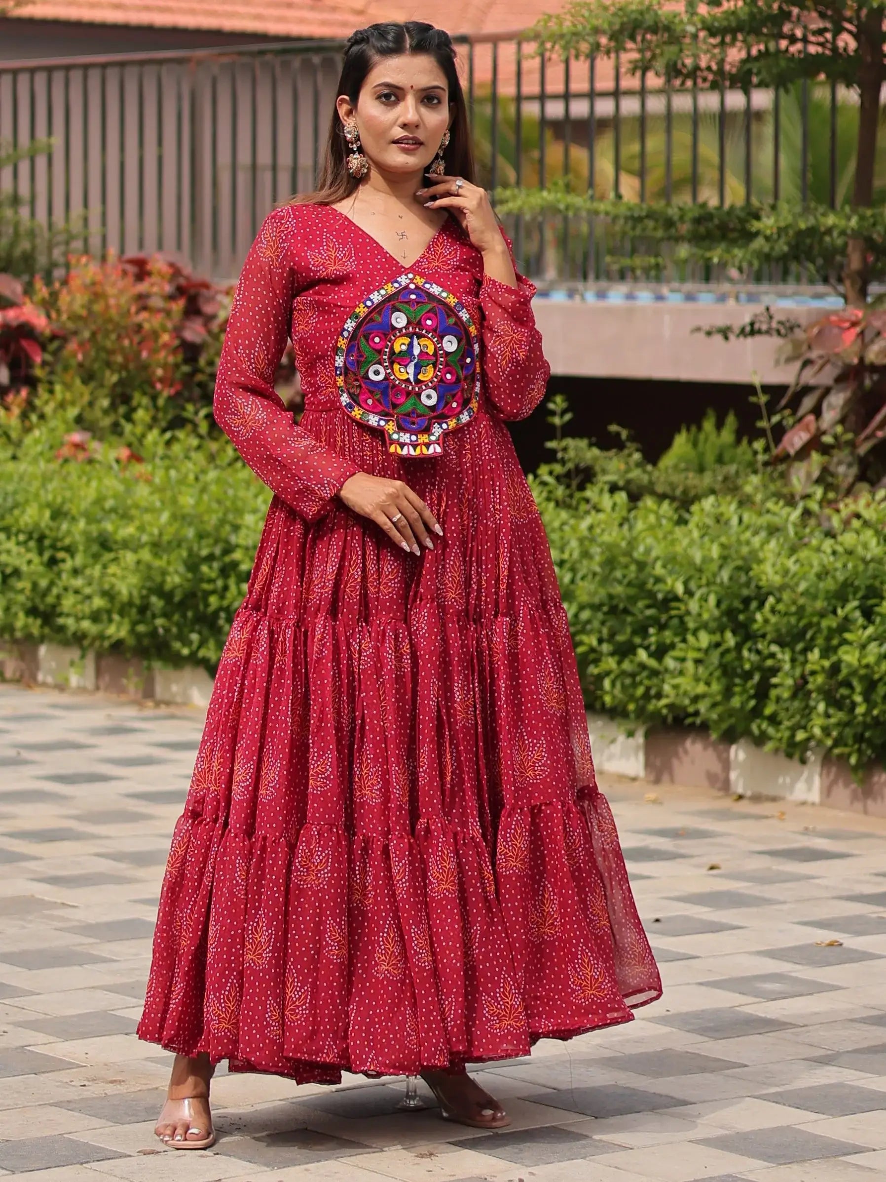Amazing Red Gamthi Patch Work Georgette Navratri Wear Gown - Zeel Clothing